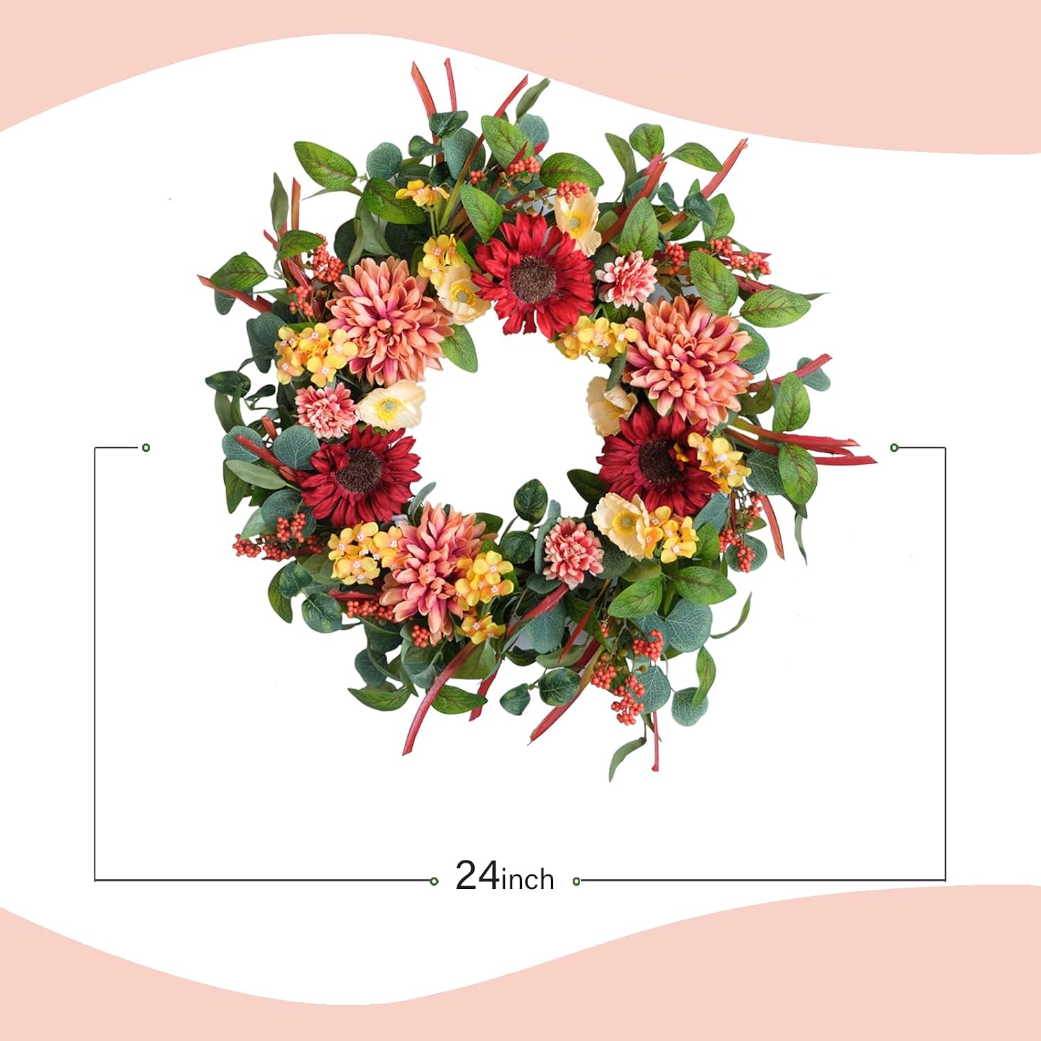 TEMPUS 24 Inch Spring Summer Wreath for Front Door – Artificial Sunflower & Dahlia Floral Wreath for Farmhouse Home Decor, Porch, Wall, Window, Wedding Party Decoration