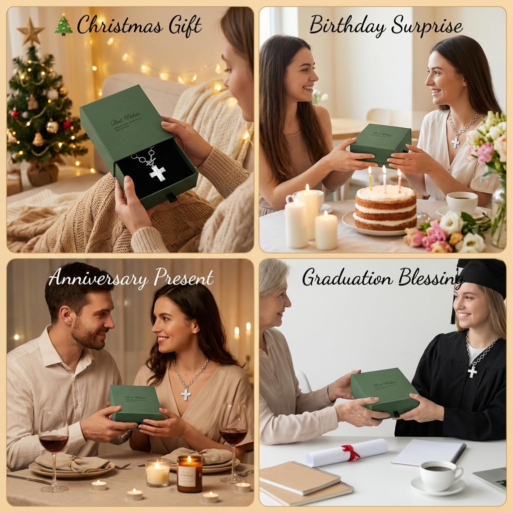 Chunky Cross Necklace for Women 925 Sterling Silver, Chunky Chain Statement Necklace for Daily Wear, Gift