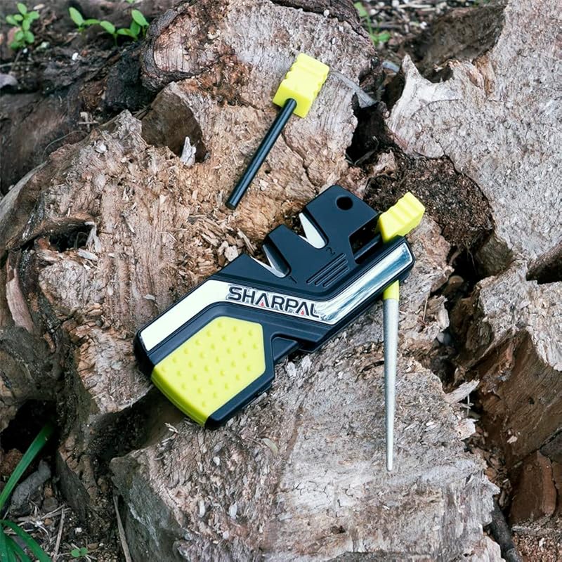 SHARPAL 101N-G Kitchen Pocket Knife Sharpener Survival Camping Tool with 2 Fire Starters Ferro Rod, Whistle & Diamond Sharpening Rod for Straight and Serrated Blade Green + 2 Ferro Rod