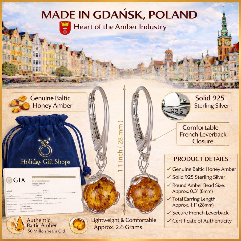Sterling Silver Amber Jewelry for Women - GIA Certified 925 Sterling Silver and Baltic Honey Amber Earrings, French Leverback Round Dangling