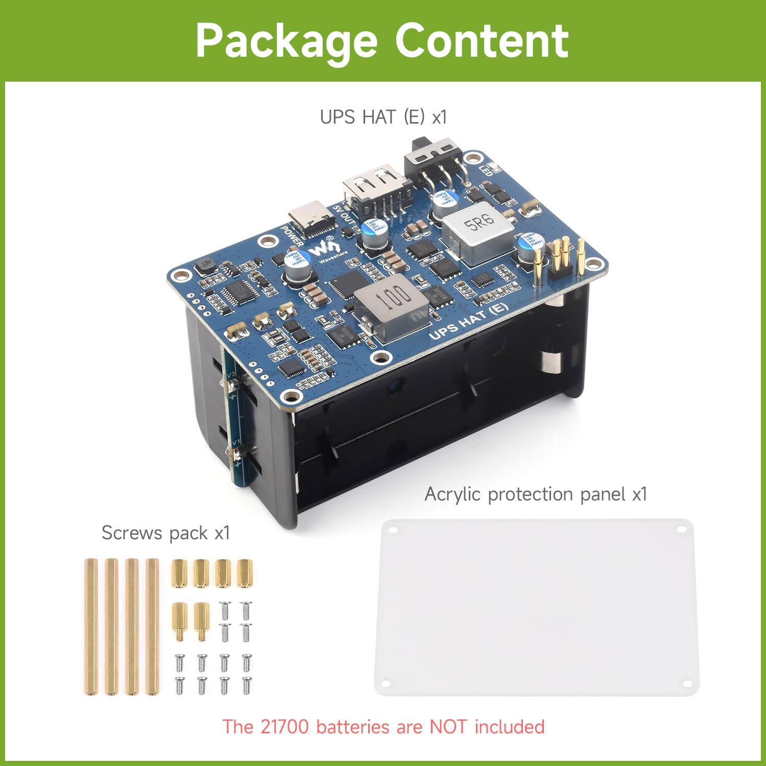 Waveshare UPS HAT (E), Compatible with Raspberry Pi 5/4B/3B+, Bi-Directional Fast Charging, 5V 6A Output, Pogo Pins Connector