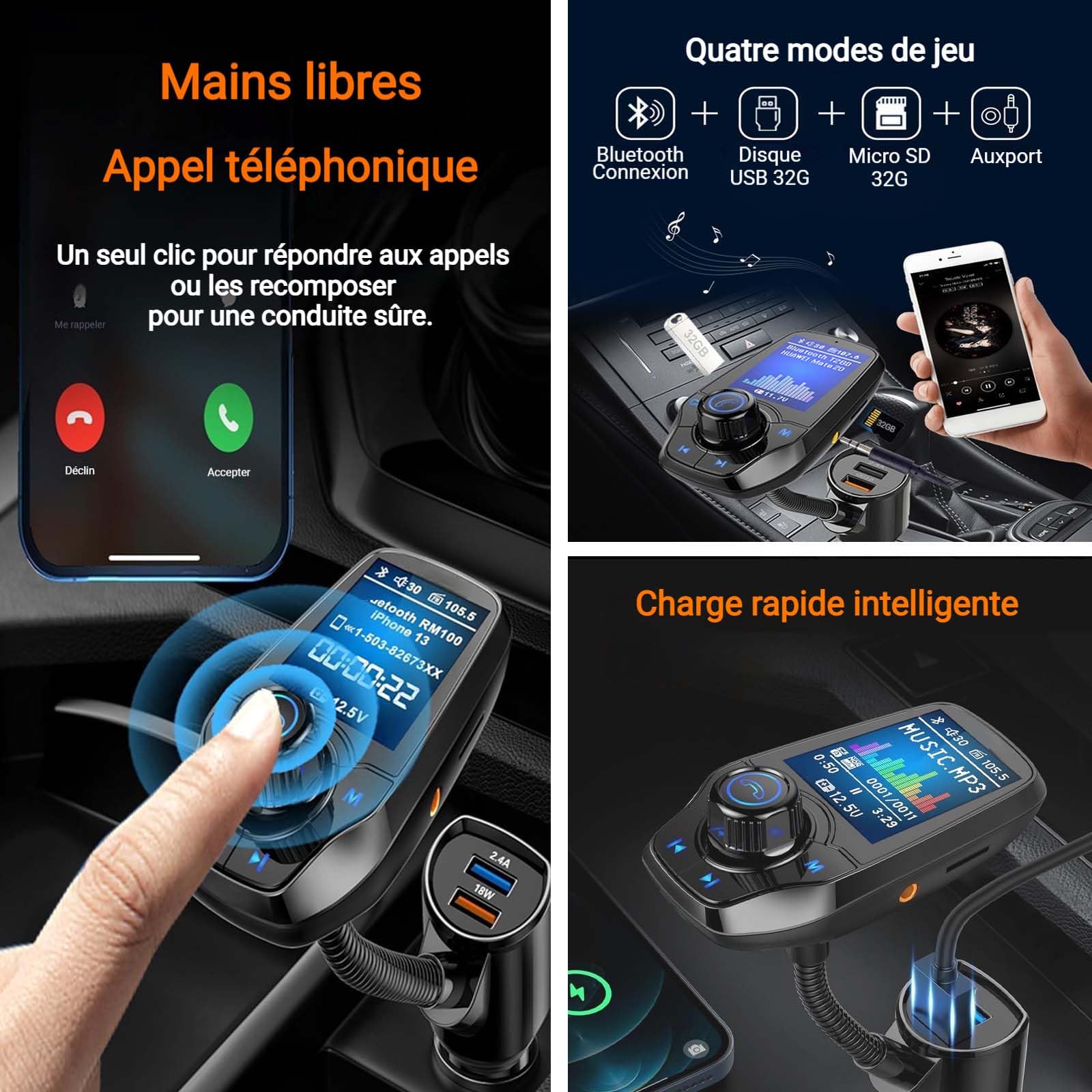 Transmetteur FM Bluetooth Voiture Adaptateur Voiture kit mainslibres Bluetooth Lecture Musicale par Carte TF