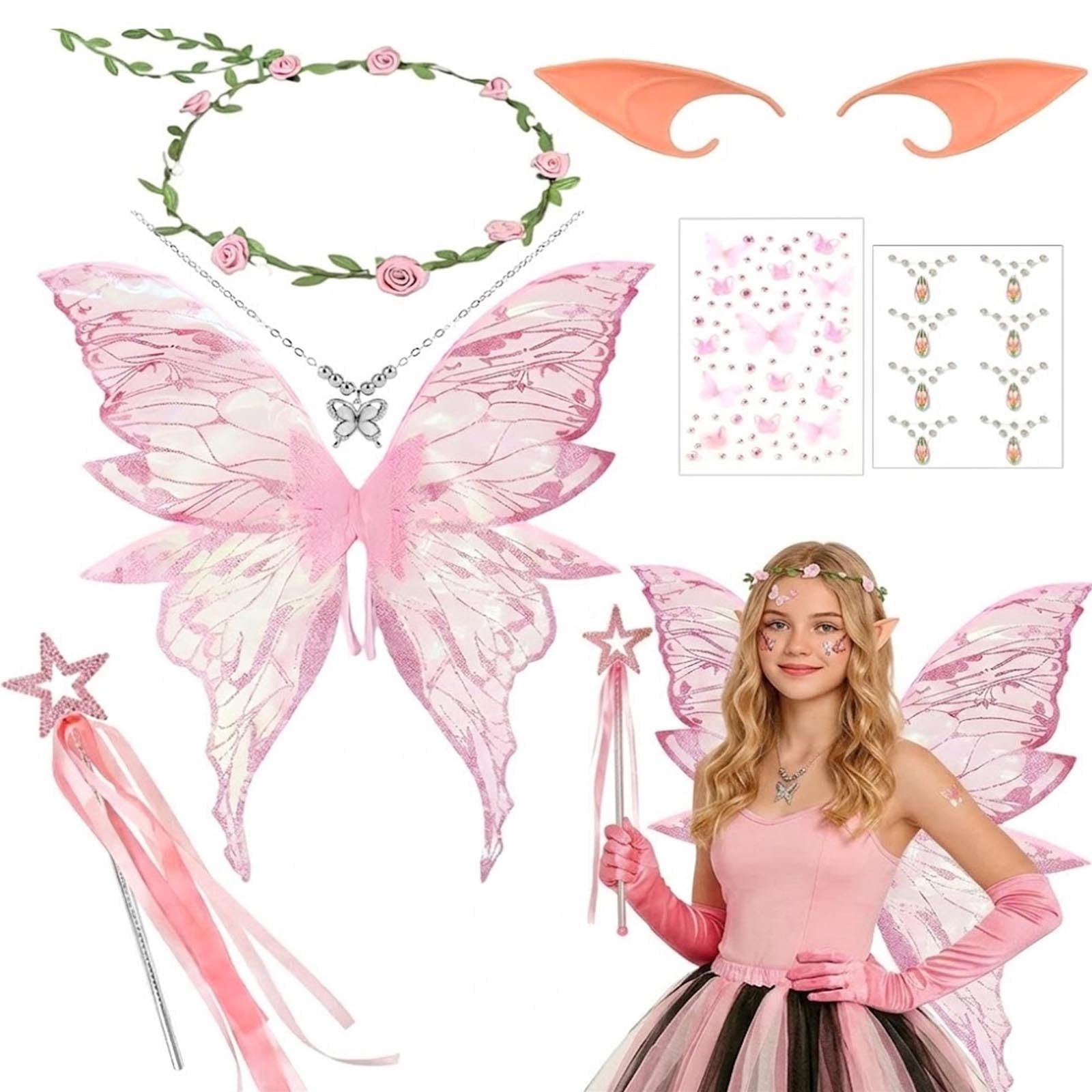 Alas de Hadas para Adultos Niños, Disfraz de Hada con Alas De Mariposa, Orejas De Elfo, Diadema de Hada Y Varitas De Estrellas, Alas de Elfo Fairy Wings para Carnaval, Cumpleaños, Cosplay