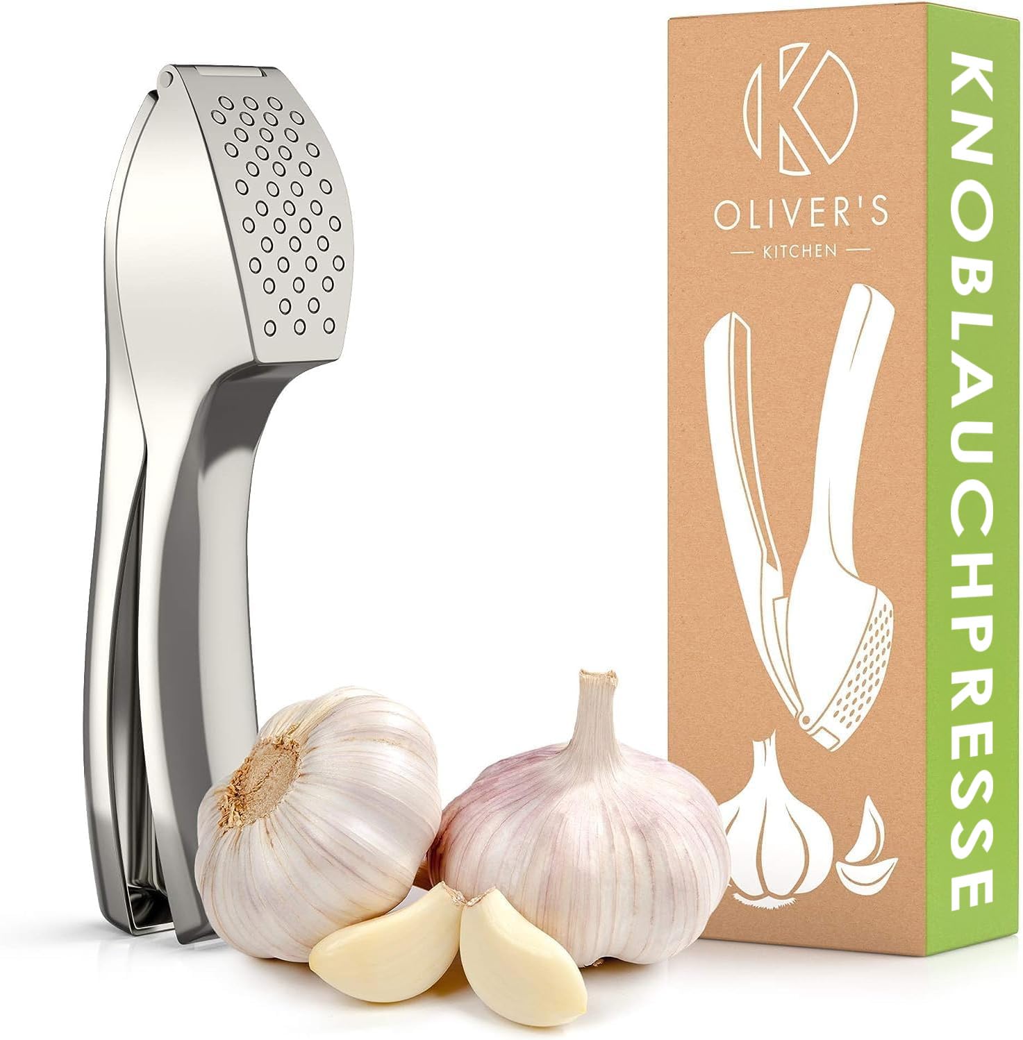 Oliver's Kitchen ® Premium Knoblauchpresse - Handlich & Leicht zu Reinigen - Zerkleinert Knoblauch & Ingwer Mühelos (Kein Schälen Nötig) - Extra Stark & Strapazierfähig