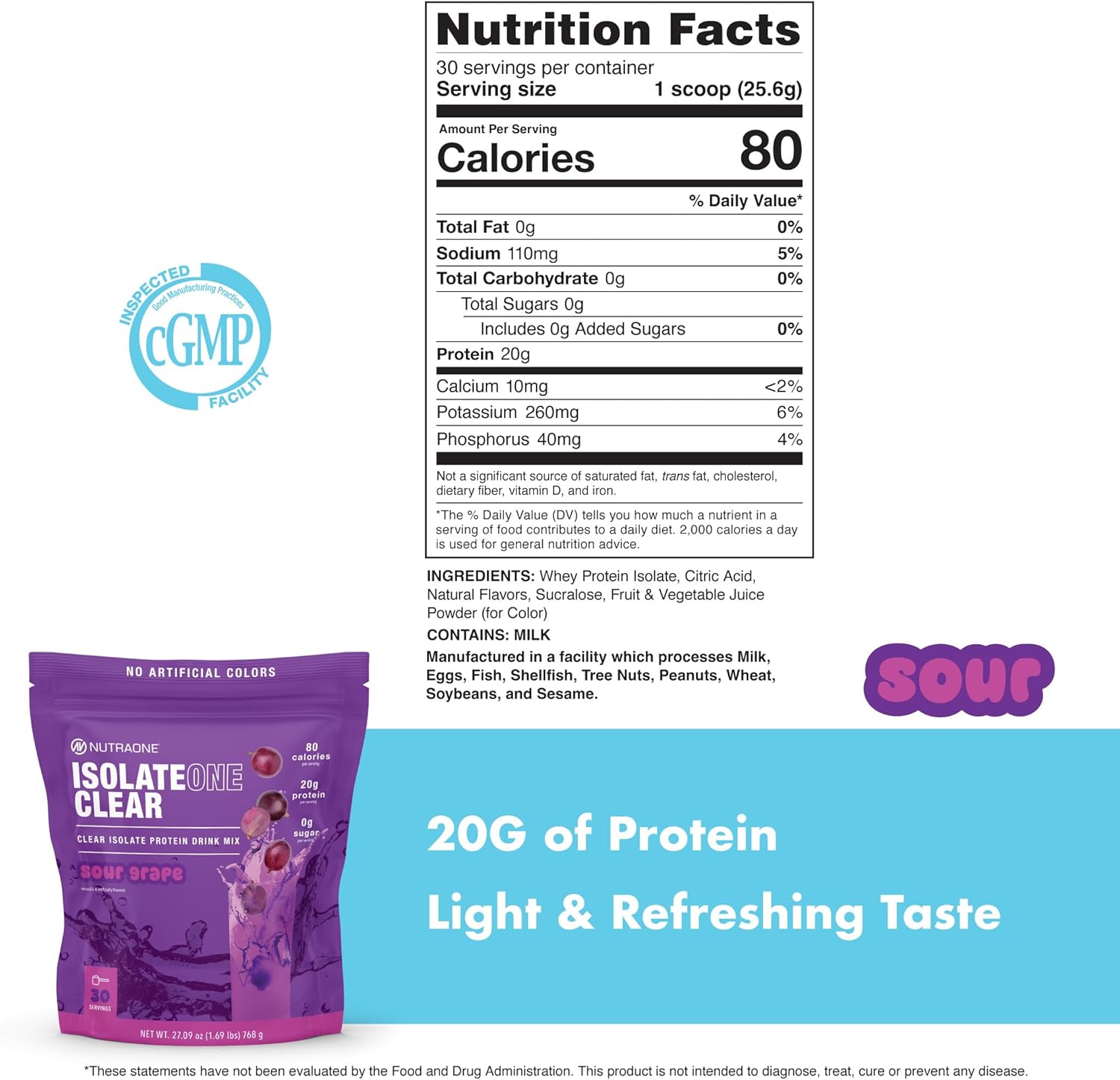 NutraOne Clear Whey Protein Powder Drink Mix, Naturally & Artificially Flavored, Clear Protein Drink, 20g of Protein, Zero Sugar (Sour Grape - 30 Servings)