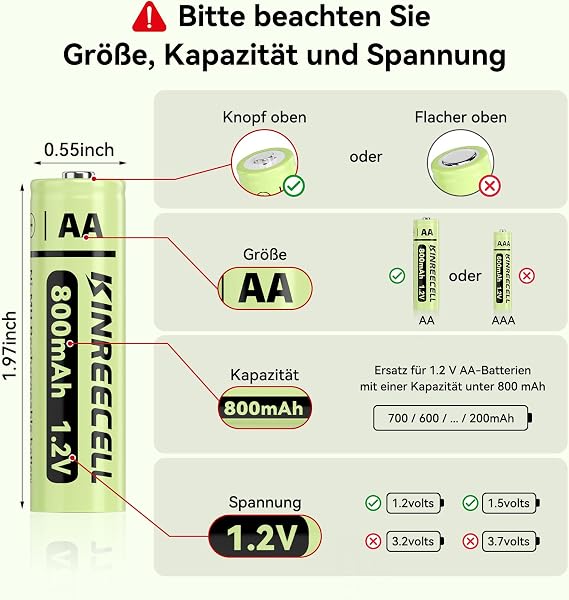KINREECELL Lot de 12 piles solaires rechargeables AA NI-MH double A avec capacité réelle 1,2 V préchargées pour lampes solaires, guirlandes lumineuses, lampadaires solaires (AA-800 mAh, lot de 12) - 3