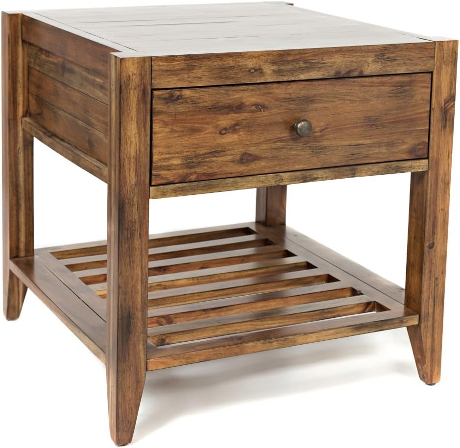 Jofran Acacia Wood Square End Table with Drawer, Modern Side Table for Living Room Bedroom, Accent Table, Light Brown