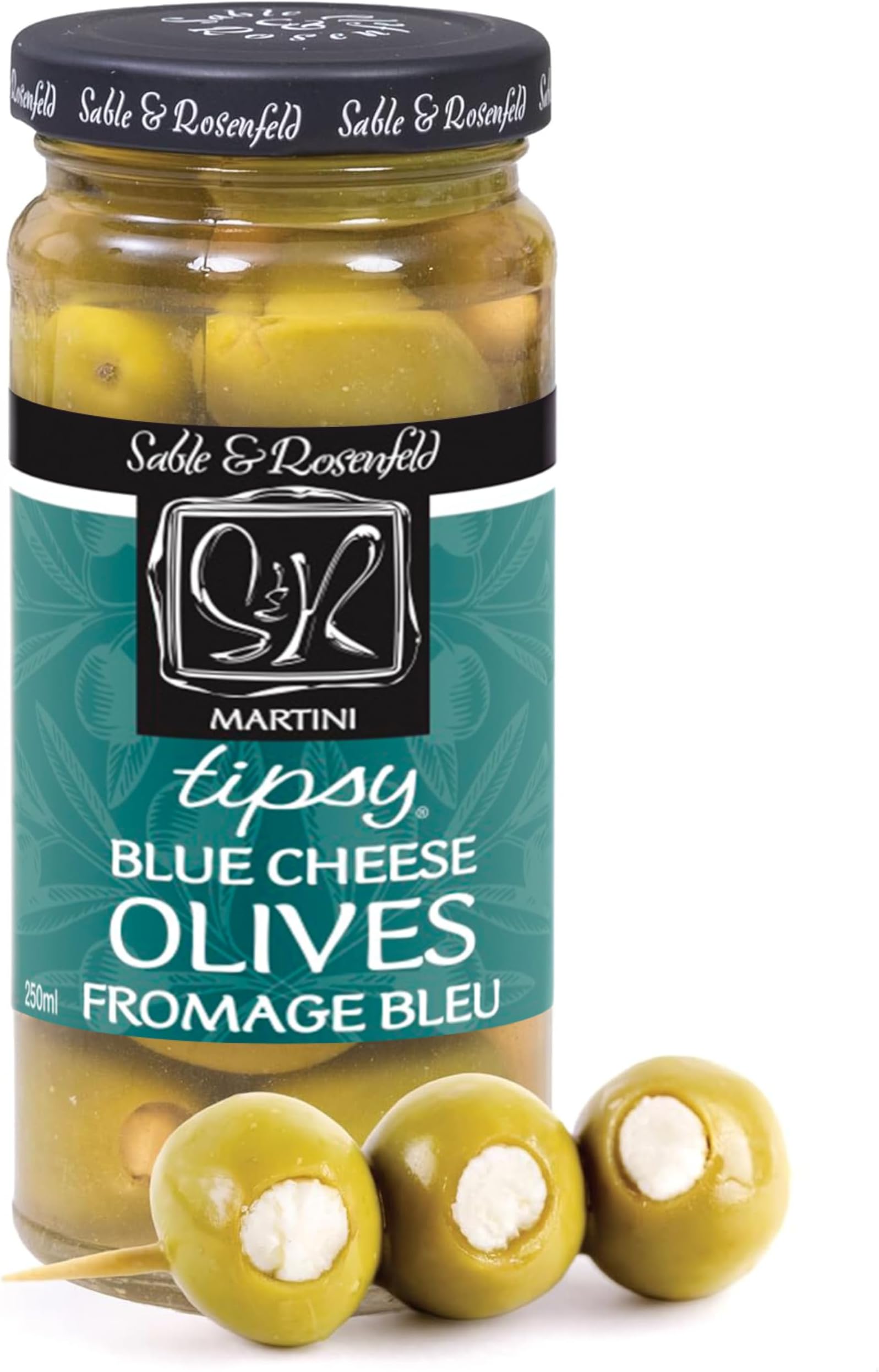 Martini Tipsy Blue Cheese Olives 5 oz Jar (Pack of 1), Large Stuffed Green Olives, Cocktail Garnish, Perfect for Salads