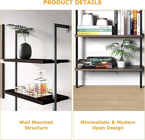 Miniatura 8 de Estantería de escalera de 5 niveles para montar en la pared, estantería de escalera con marco de metal y estante de madera, estantería de