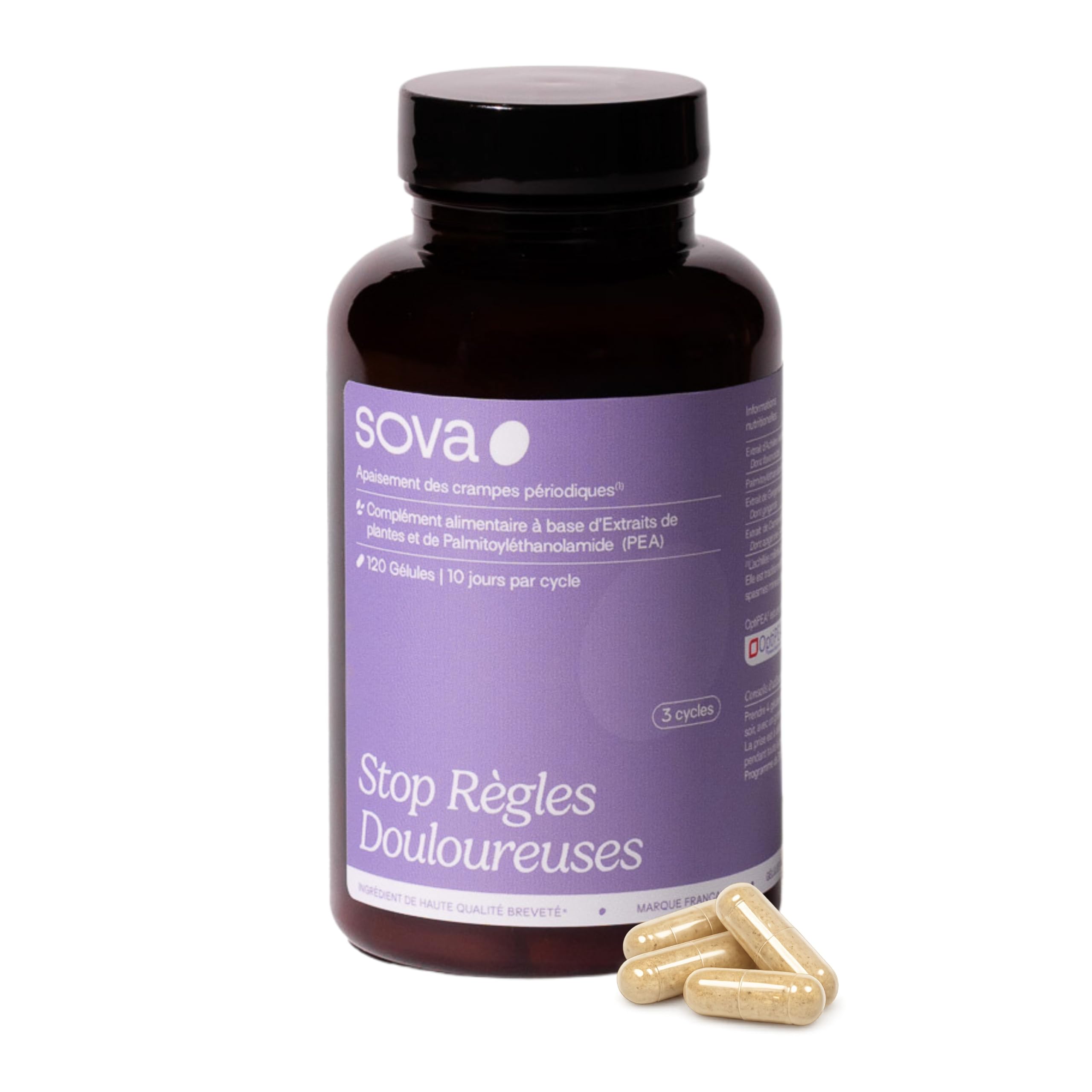 Stop Règles Douloureuses – Confort Menstruel – Crampes Abdominales & Douleurs de Règles – Achillée Millefeuille, PEA, Camomille – Complément Alimentaire Femme – 4 Gélules/Jour – SOVA (3 cycles)
