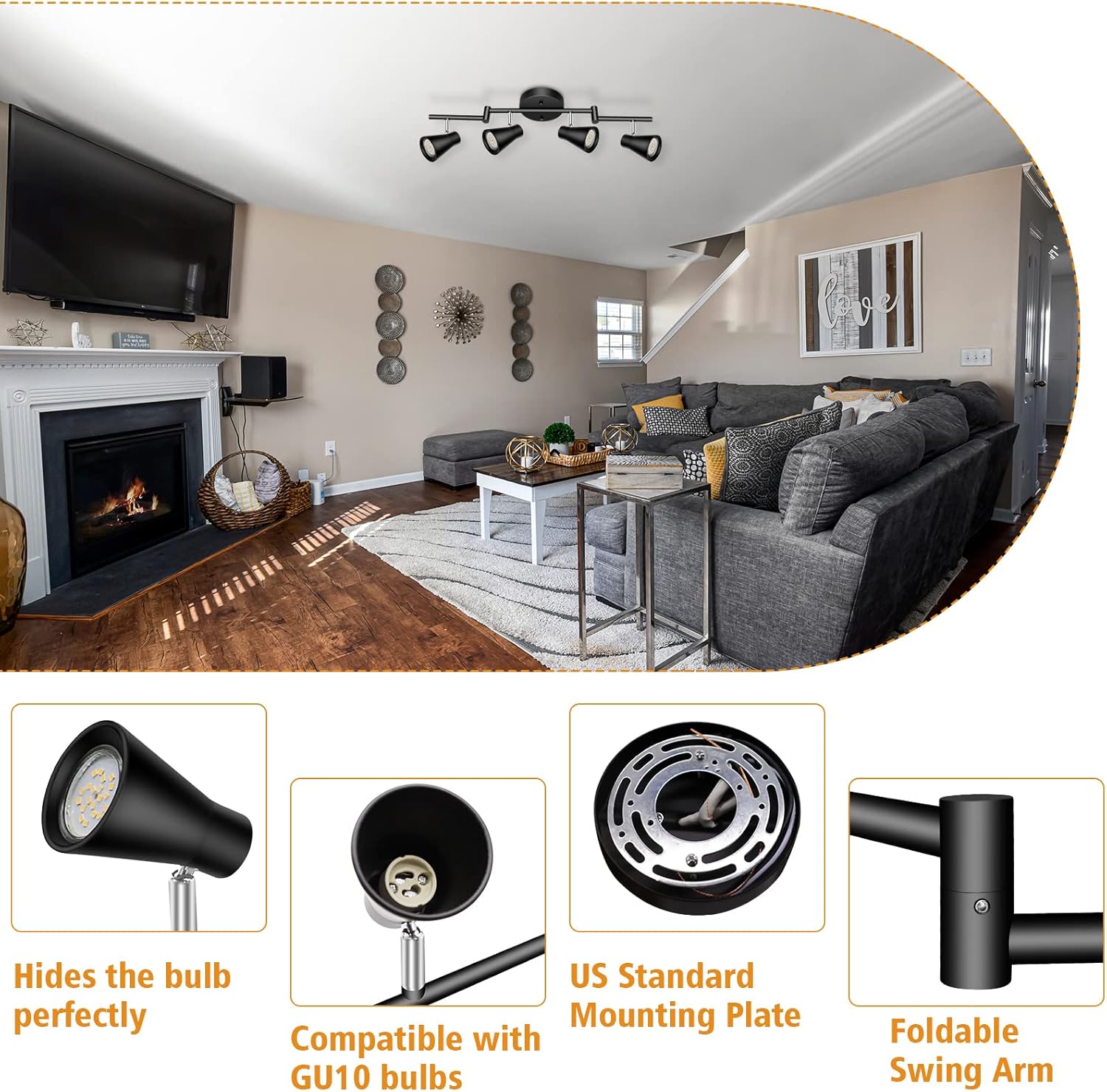 LABOREDUCER Track Lighting Fixture Ceiling, LED Flexible Track Lights with Swing Arm, 4-Light Directional Black Flush Mount Ceiling Spotlight for Kitchen, Living Room (GU10 Bulbs NOT Included)