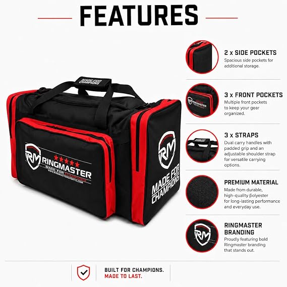 RingMaster Sports Large Training Kit Bag Duffel Multi Pocket Durable Kickboxing, Boxing, MMA, Martial Arts (Black/Red)