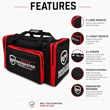 RingMaster Sports Large Training Kit Bag Duffel Multi Pocket Durable Kickboxing, Boxing, MMA, Martial Arts (Black/Red)