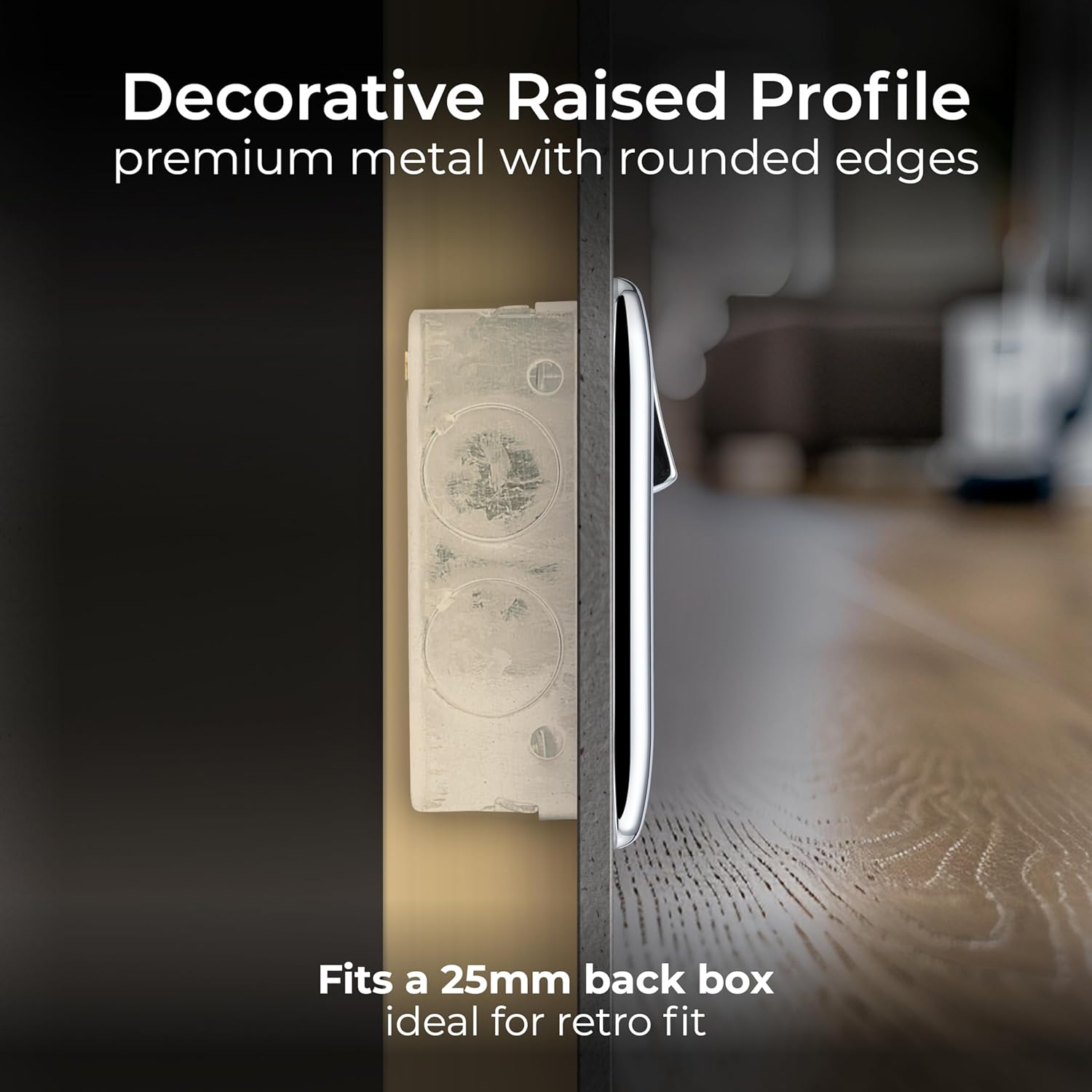 Side profile view of the power socket showing its slim design and compatibility with a 25mm back box.