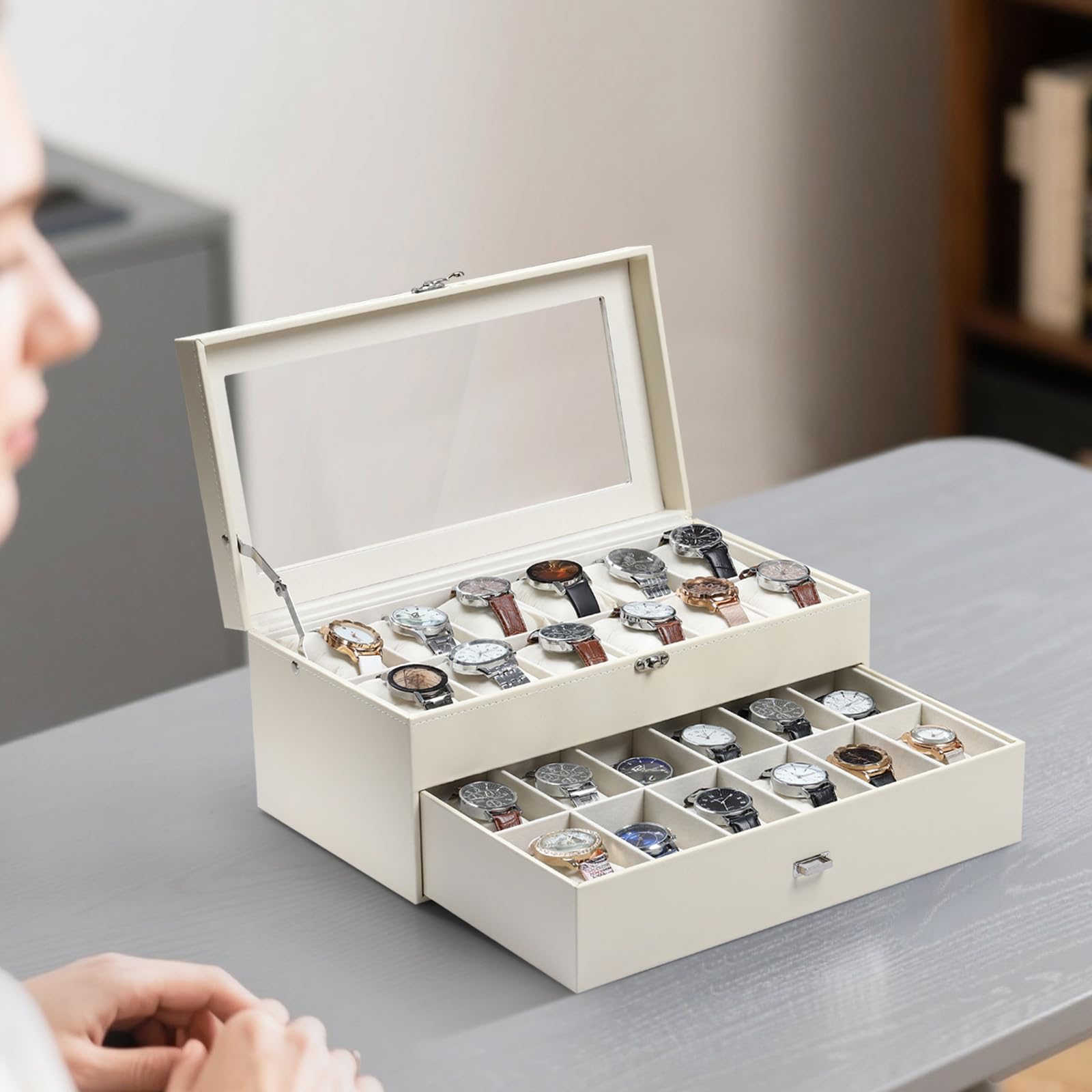 Coffret à Montres AUTOARK en Cuir et Velours, 24 pièces, Couvercle en Verre, tiroir de présentation, Organisateur verrouillable, Coussins Amovibles Beiges pour Montres, Beige, MKAW036