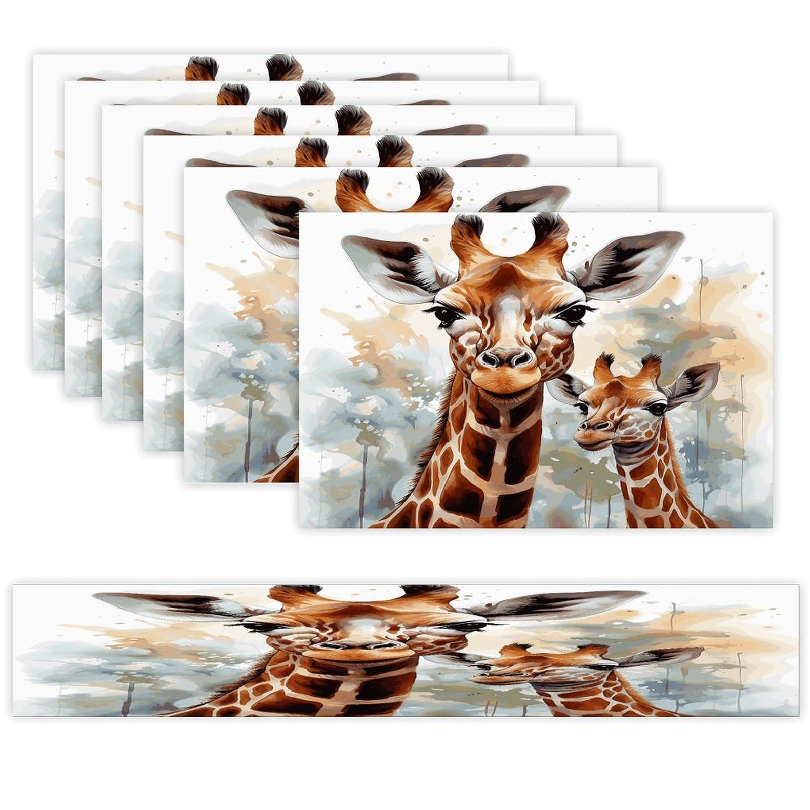 Watercolor Deer Giraffe Table Runner and Placemats Set of 6 Wipe Clean Heat Resistant Table Mat with Table Runner Decorations Flax Linen Place Mat Set for Home Kitchen Party Supplies