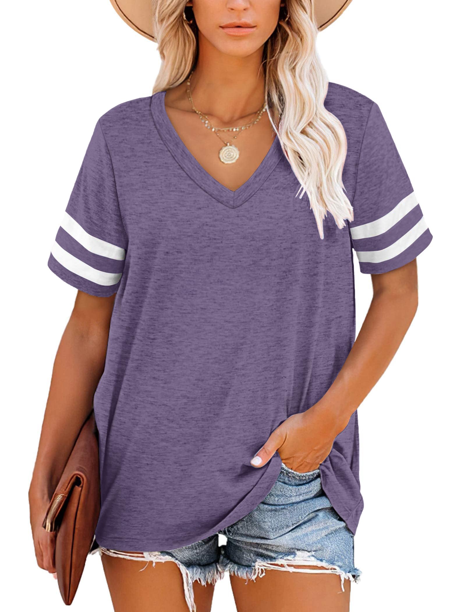 MOLERANI Women Tshirts Short Sleeve V Neck Striped Summer Tops Casual Loose Tee Mauve Size 6-8