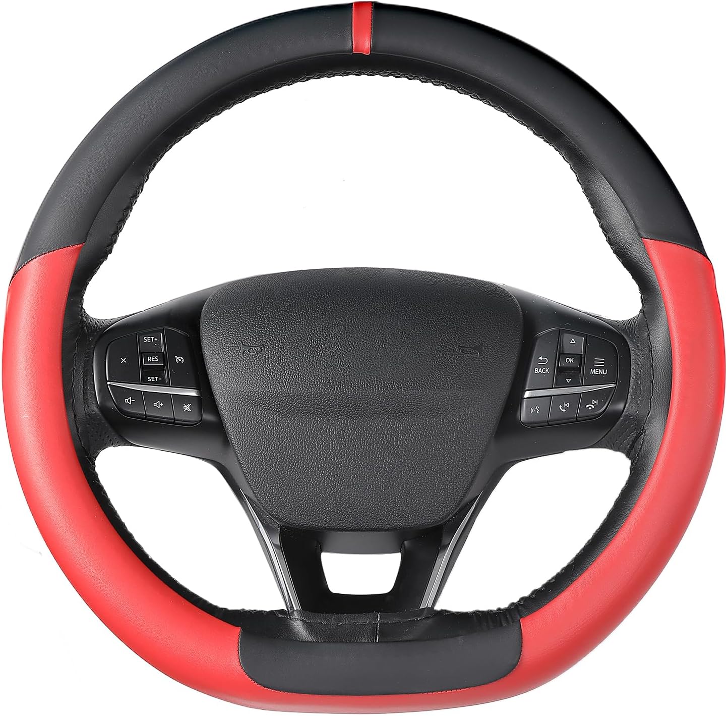 SEG Direct Flat Bottom Steering Wheel Cover, D Shaped Car Wheel Cover 14 1/2-15 in. (37-39 cm), Black Red Microfiber Leather