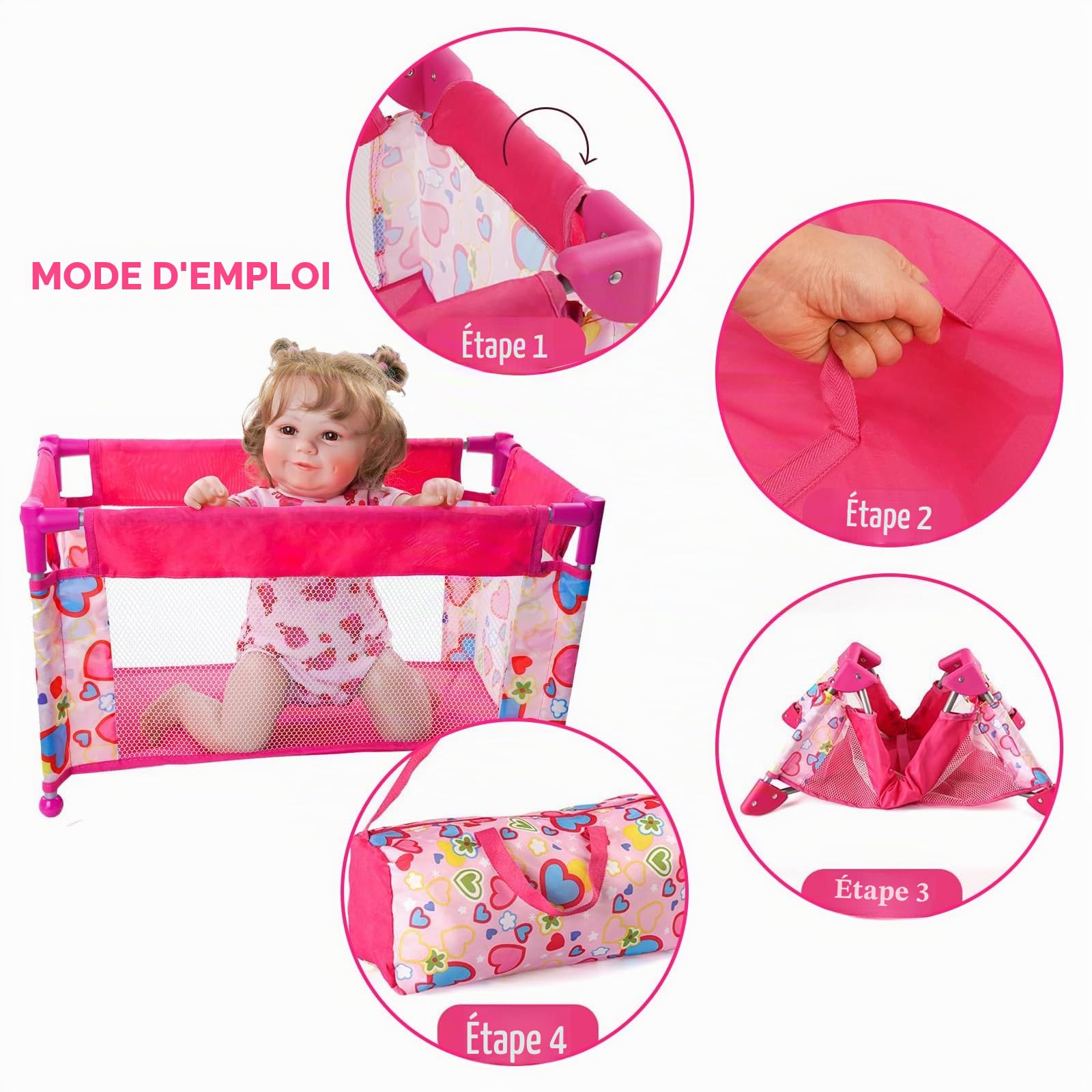 Lit de Voyage Pliable pour poupée jusqu'à 45cm avec Sac de Transport et Accessoires Jouet d'imitation pour Enfants 3 Ans et Plus