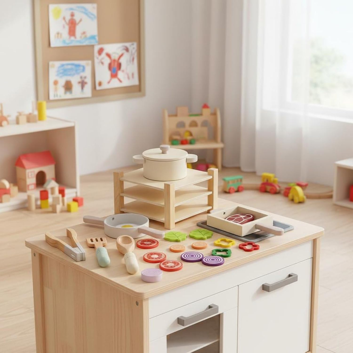 Wooden Culinary Play Set Interactive Game Wooden Kitchen Playset Educational Kids Cooking Playset for Kindergarten, Preschool
