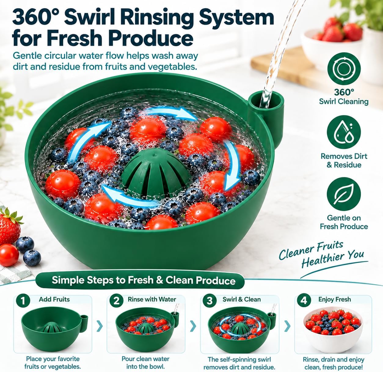 ABS Fruit Washer Bowl with Self Spinning Swirl Drainage System (green)