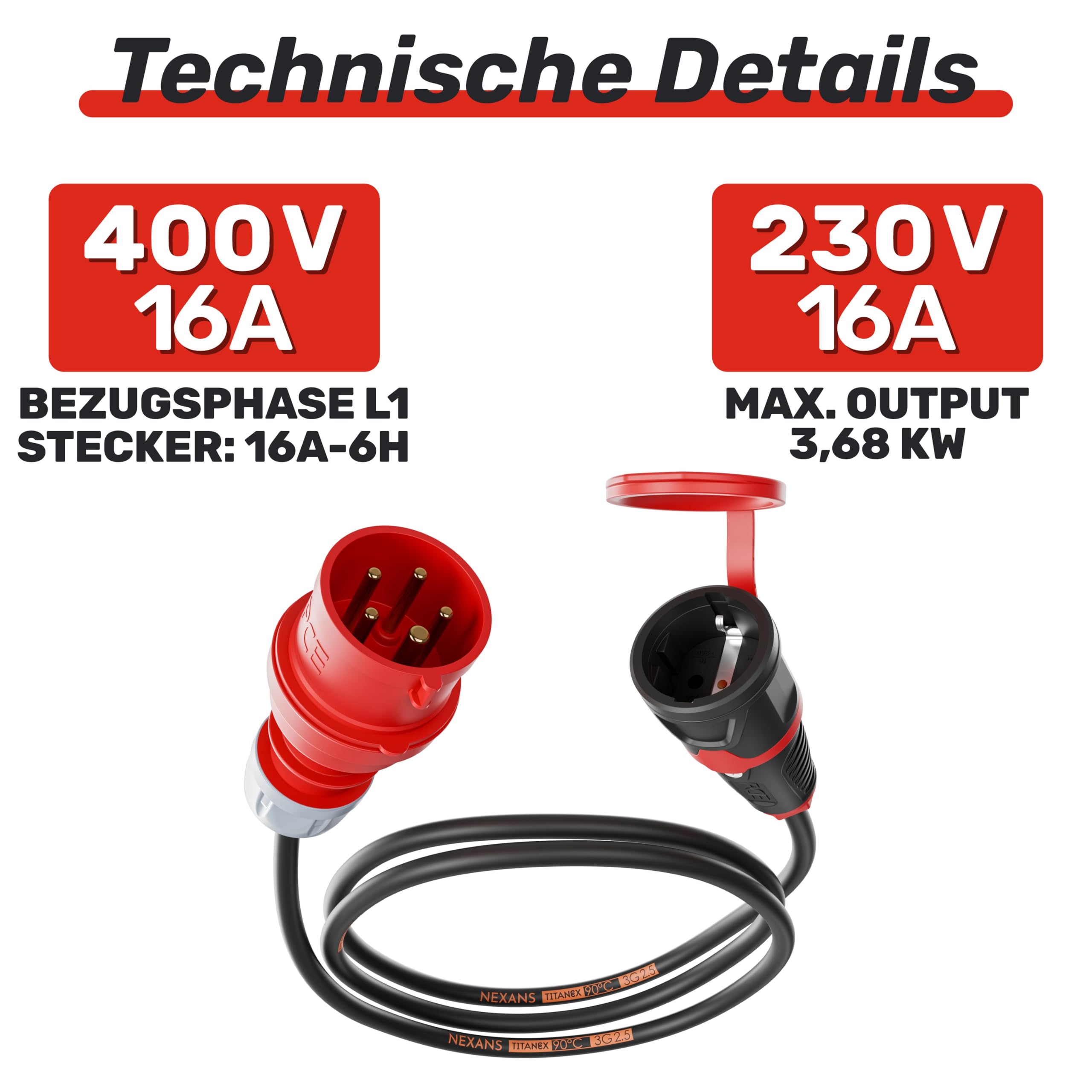 NWP Adapter 1,5m 16A 400V Stecker Starkstrom auf 230V Schuko Kupplung - IP44-3x2,5mm² Gummischlauchleitung