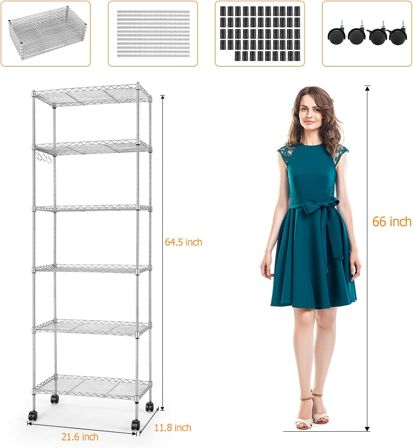 6 Tier Wire Shelving Unit with Wheels, Storage Shelves, Adjustable Wire Shelving Metal Storage for Kitchen, Pantry, Bathroom, 21.6 x 11.8 x 64.5 inch (6-Tier, Silver)