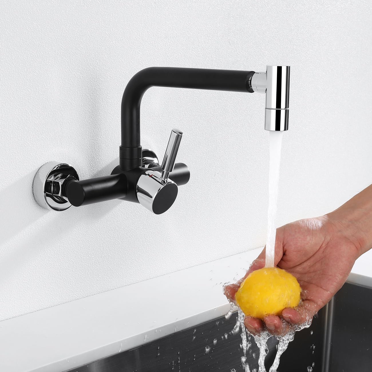 Grifo Cocina de Pared 15cm con 2 Opciones de Montaje y 2 Modes | Mezclador Negro de Fregadero Rotación de 360°, Grifería con Caño Giratorio 360°, Acero Inoxidable, Aireador Extraíble