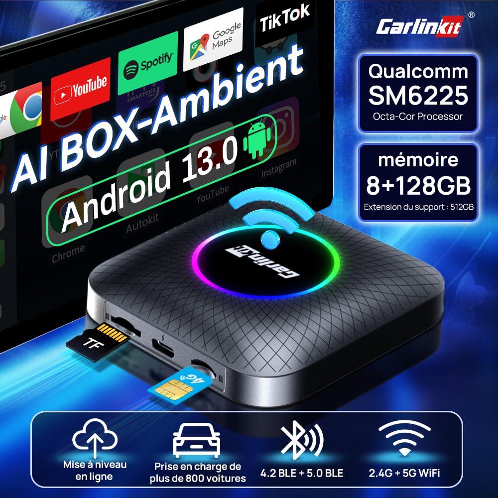 CarlinKit Wireless Carplay/Android Auto AIBox Adaptateur, adapté aux modèles CarPlay filaires, Le Produit intègre Le système Android 13.0 8+128G, Prend en Charge Youtube, Netflix, etc.