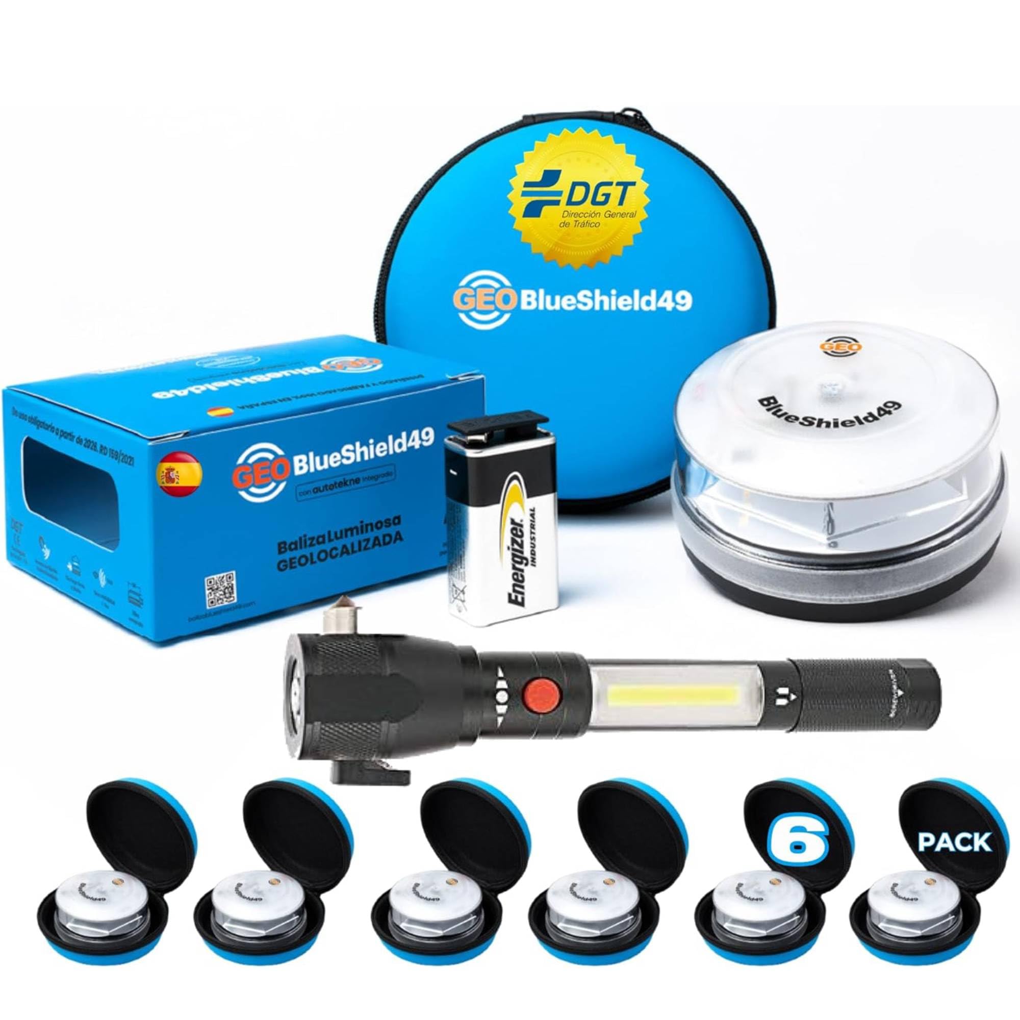 GeoBlueShield49/Garza 6 Luces Emergencia Coche Homologadas DGT v16 3.0 y Estuche I Batería Energizer 9V I Obligatoria en 2026 I Conectividad IoT hasta 2038 I Baliza 3uds + Estuche