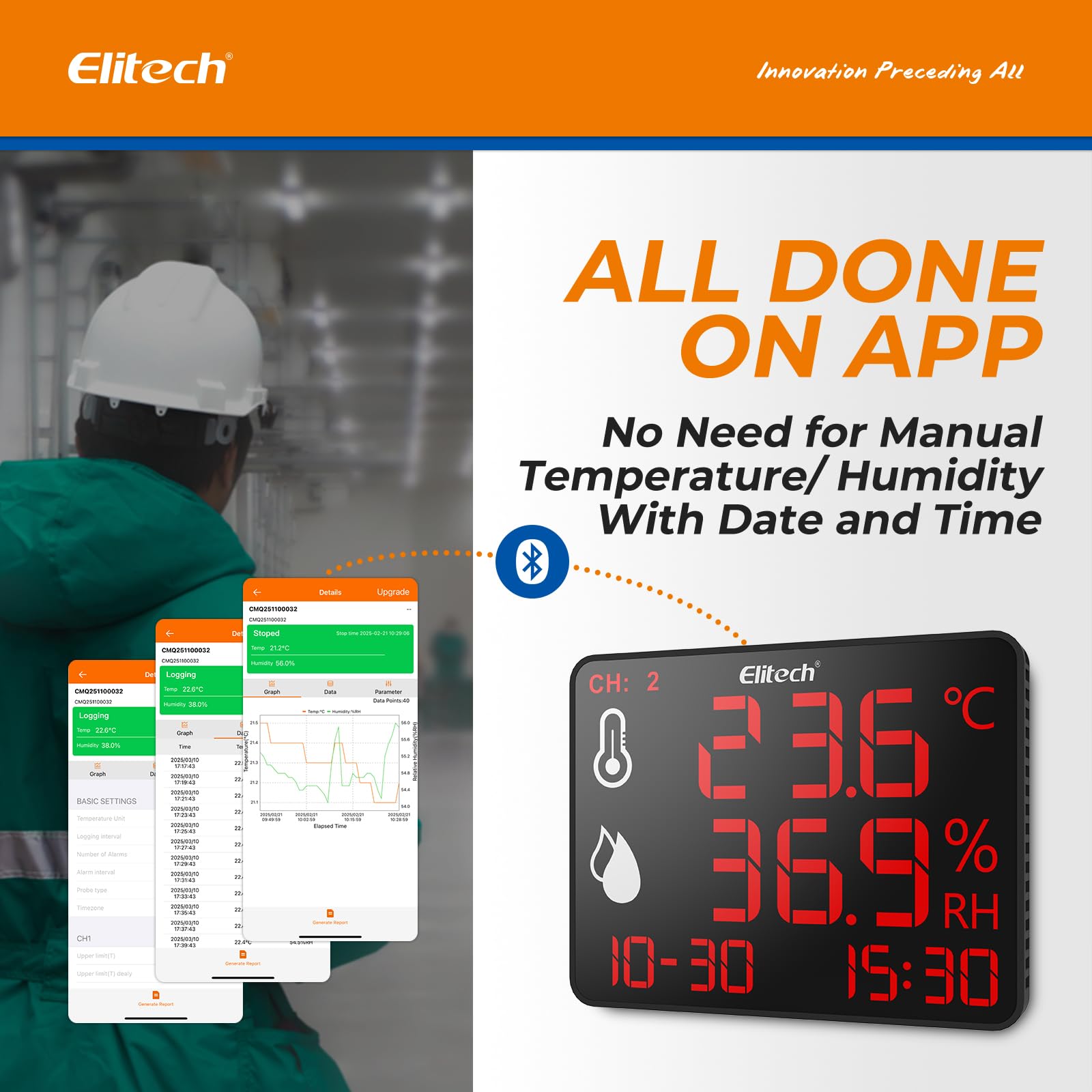 Elitech Termómetro higrómetro digital con doble sonda externa, 2 x 2 m, grabadora Bluetooth 30.000 puntos, gran pantalla para almacén, invernadero, laboratorio, DR-230-THDE