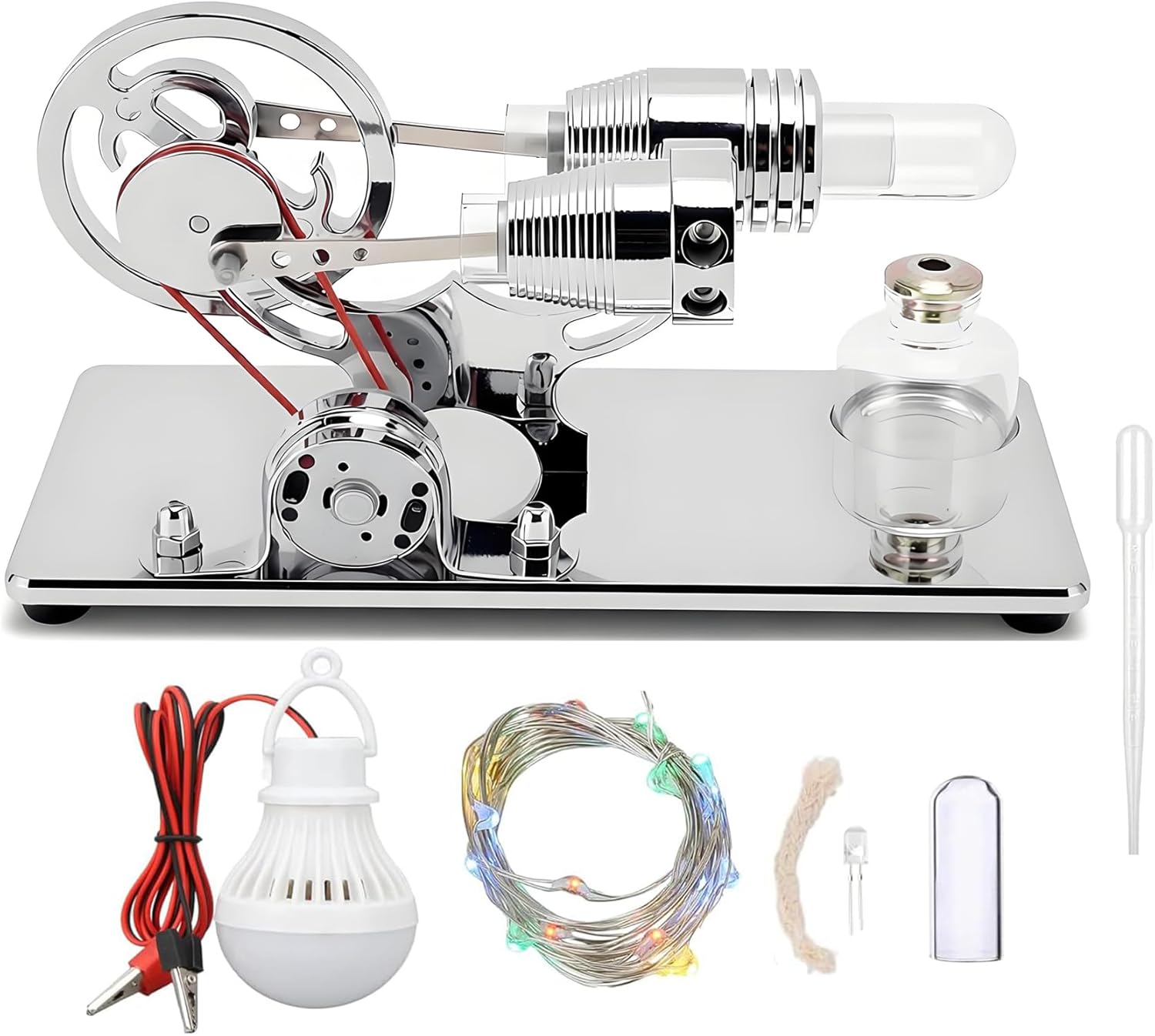 MagicTech Hot Air Stirling Engine Motor Educational Electricity Generator Colorful LED Model Silver JY30