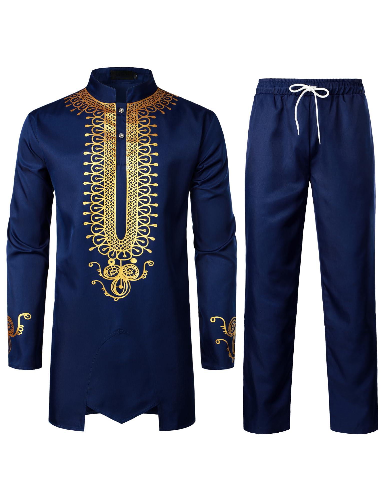 ZEROYAA Men's Africa Suit Long Sleeve Print Dashiki and Pants Outfit Traditional 2 Piece Set