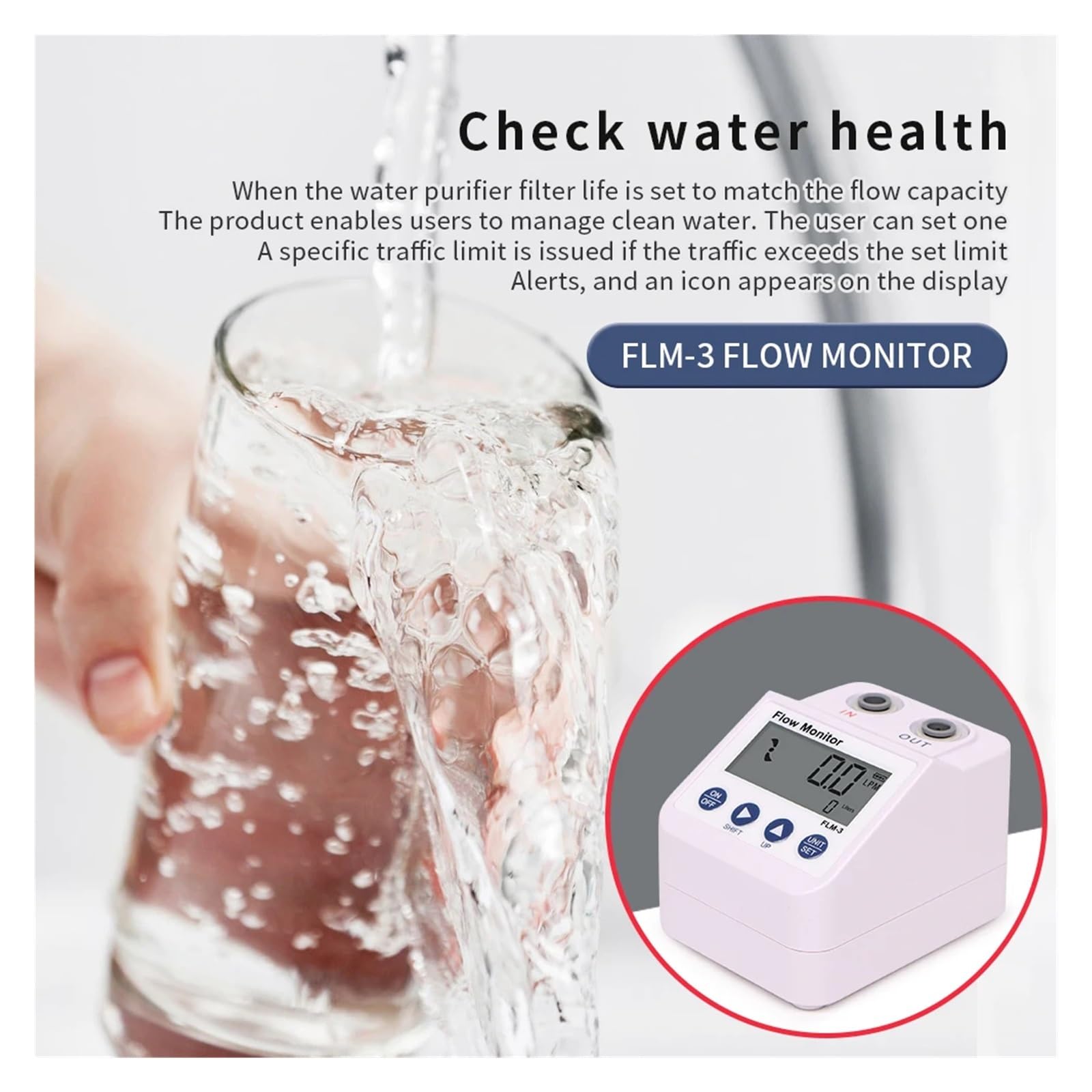 Medidor de caudal de agua, Medidor de flujo de agua Purificador de agua Medidor de flujo Alarma y función de ahorro de energía Filtro Sensor de flujo de agua Monitor 1/4 pulgada