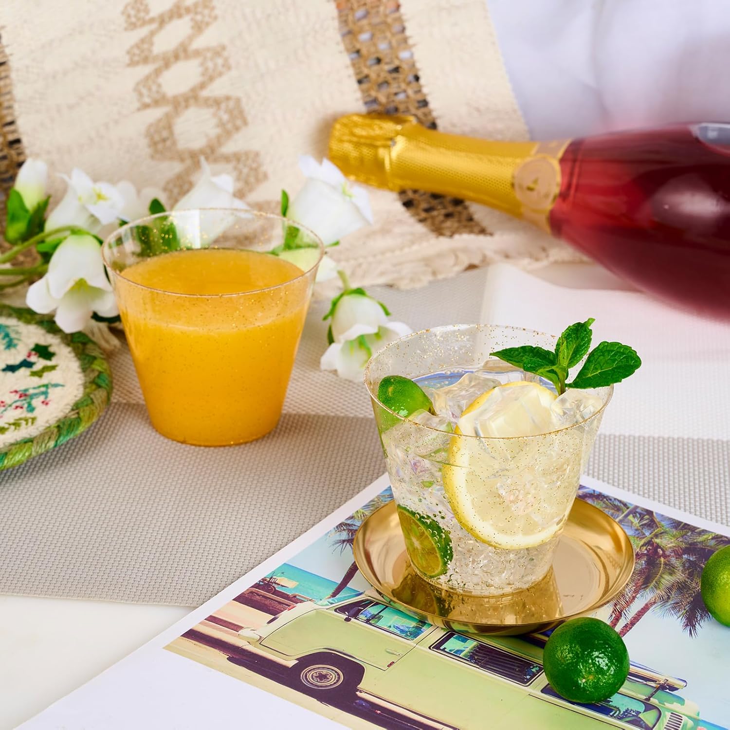 JOLLY CHEF 50 Pack 9 oz Glitter Plastic Cups, Disposable Gold Cups, Clear Plastic Tumblers for Weddings Thanksgiving, Christmas Parties - Image 3