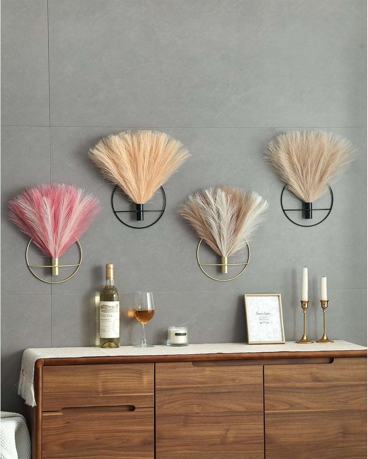 Pretty Jolly Boho Wall Decor - Hanging Artificial Pampas Display, Metal Wall Art for Living Room, Bedroom, Bathroom, Dining Room - Plant Decor 2 Pack, Ice Pink, Dark Pink, Gold