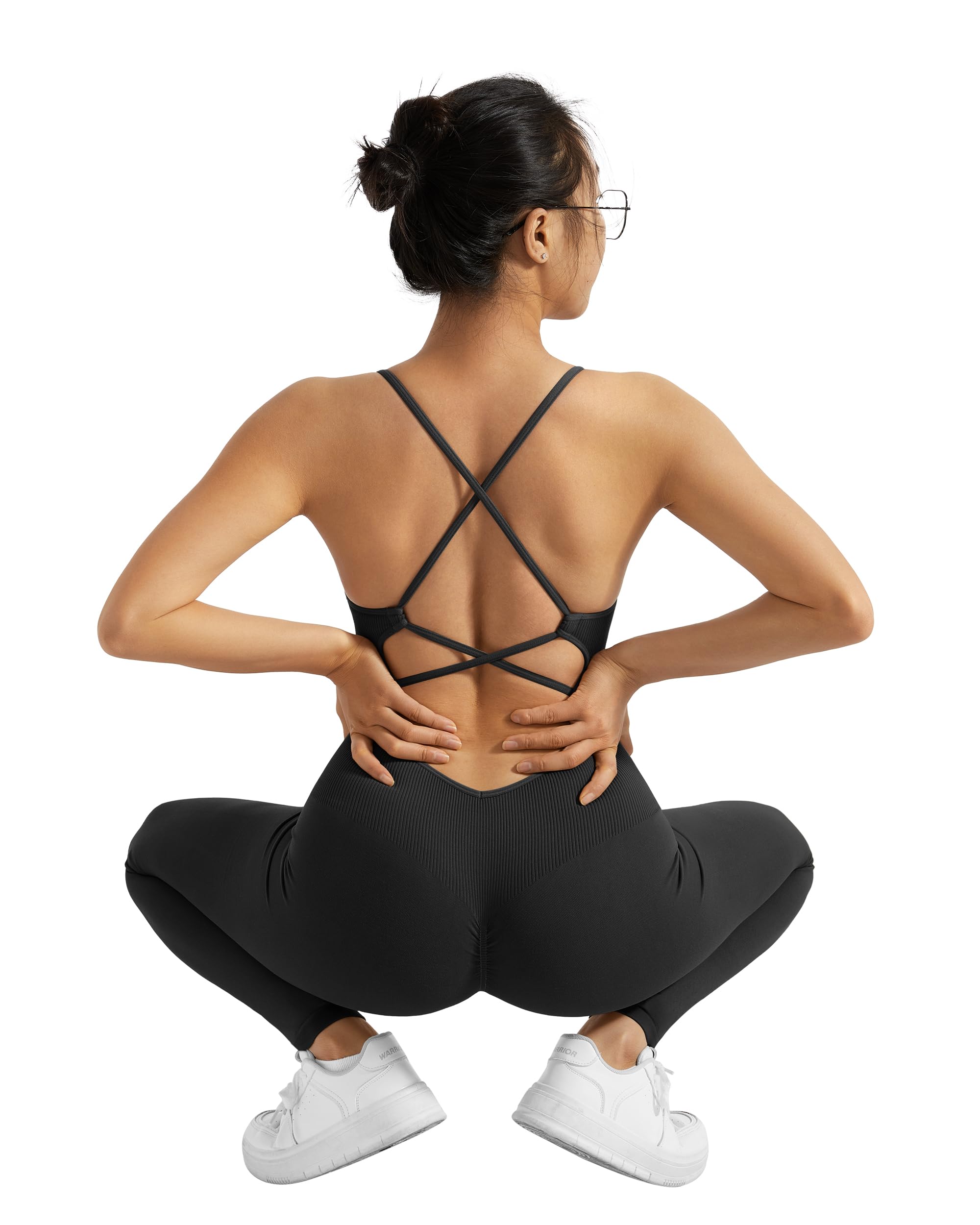 RXRXCOCO Spaghetti Strap Gerippte Jumpsuit Damen Eng Rückenfreie Padded Overall Bauchweg Yoga Sport Einteiler Romper Bodysuit
