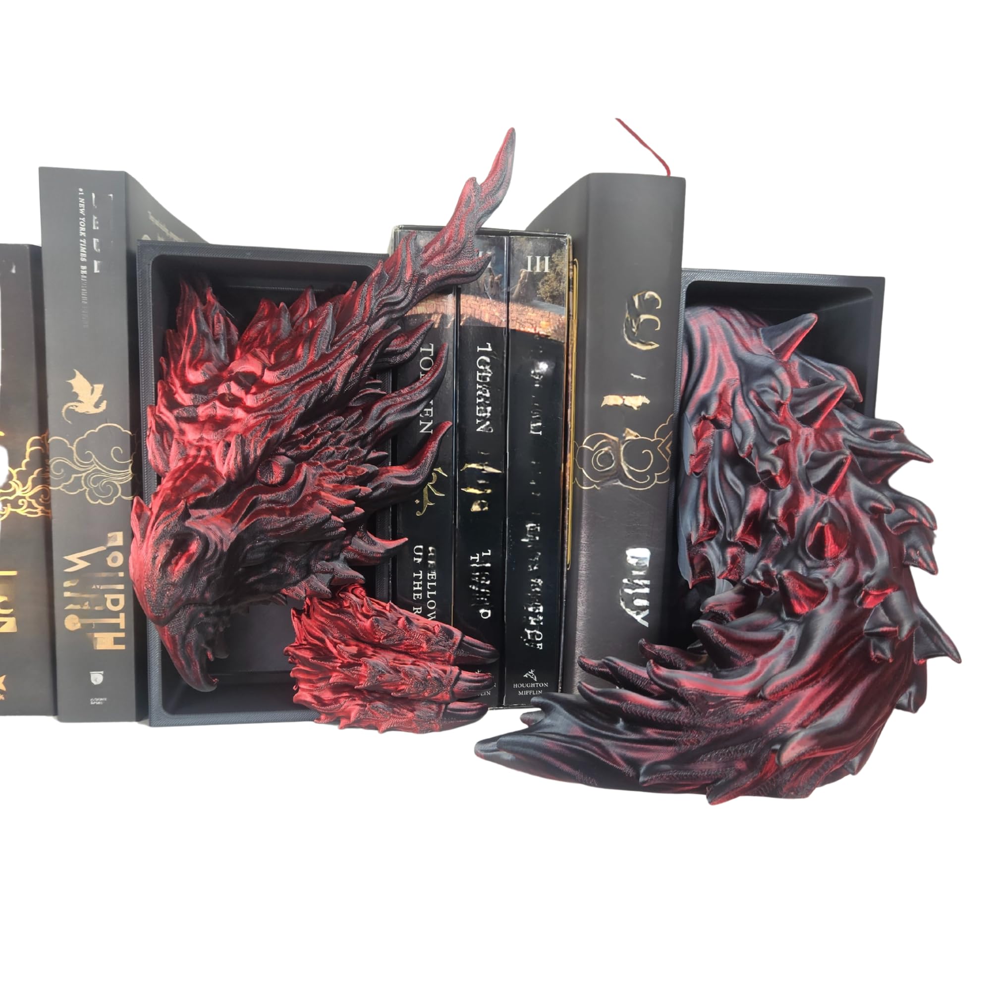 Dragons Awakening Book End – Fantasy Book Nook Insert for Dragon Readers – Unique Home Decor for Bookshelves & Libraries (Head and Tail - Inferno Dragon)