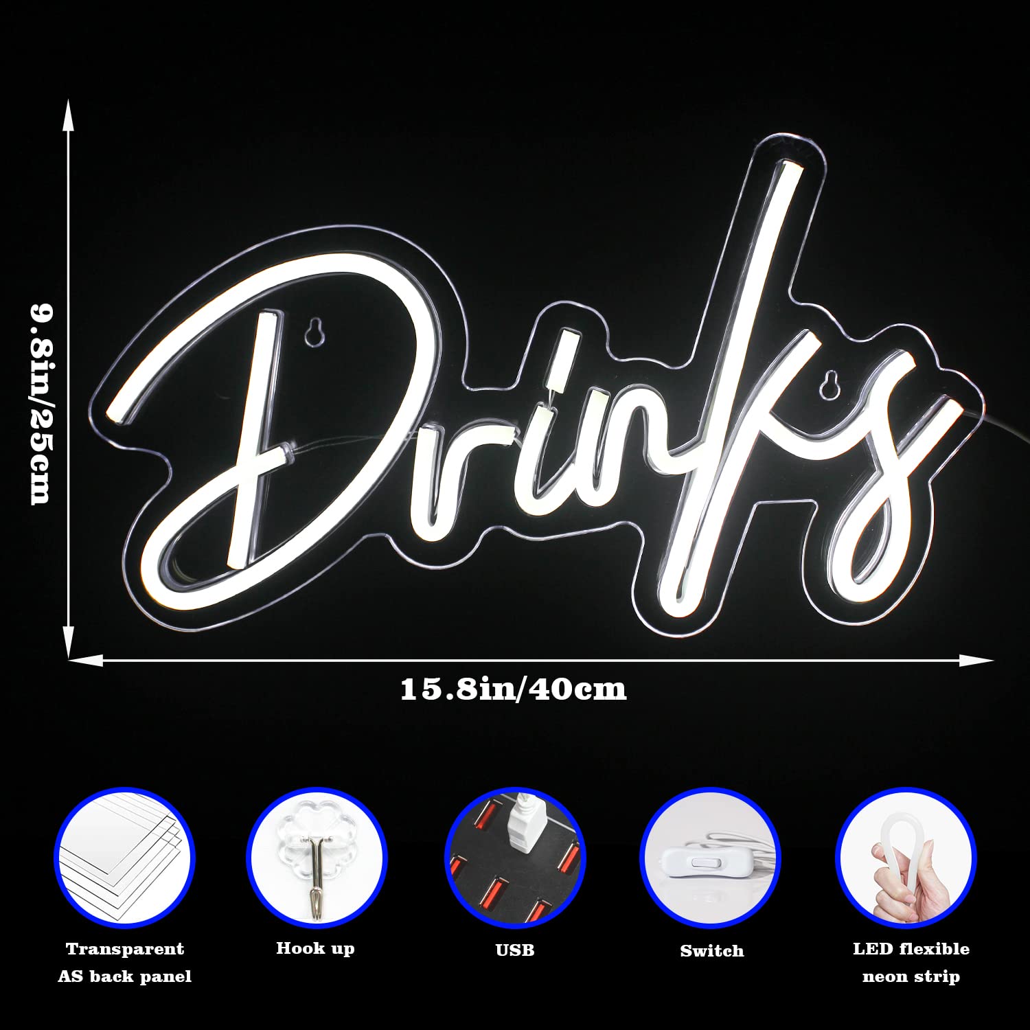 Looklight Drinks Neonschild Kühles weißes LED-Neonlicht USB betriebene Buchstaben leuchten Schild Led Wandkunst für Schlafzimmer Party Club Café Bar-Restaurant-Shop-Dekor