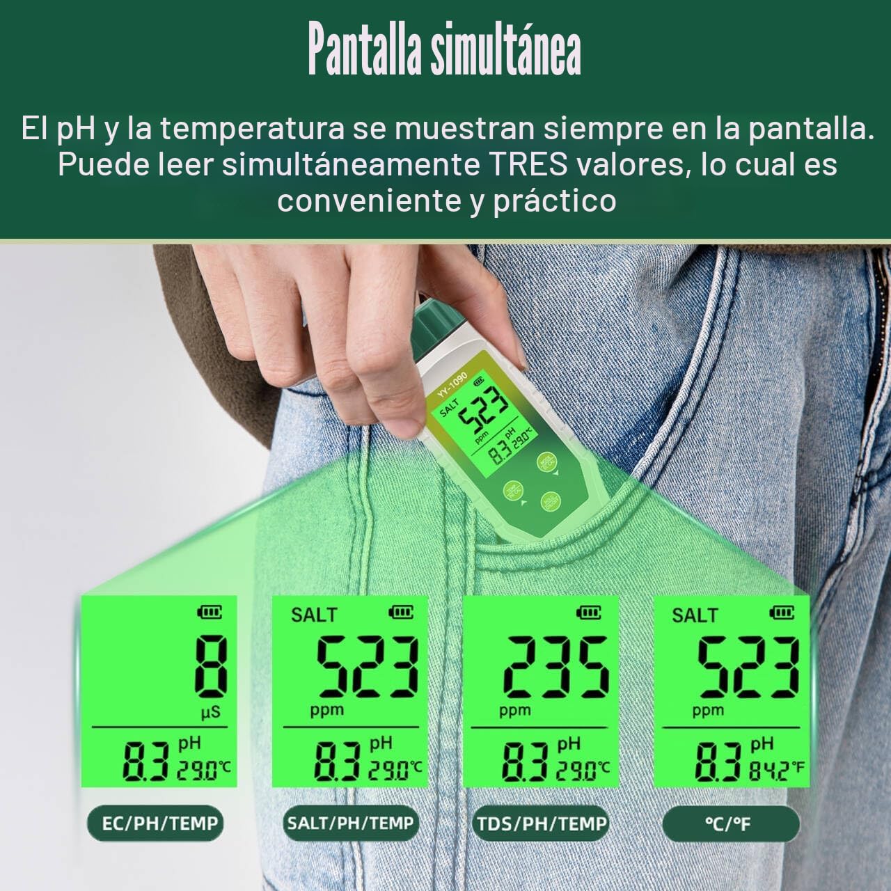 Medidor PH 5 en 1, PH EC TDS Salinidad Temperatura Meter con Innovadora Pantalla Simultánea Tres Datos, IP67 Impermeable Tester Salinidad PH para Piscina, Agua Potable, Acuarios, Hidrofonía