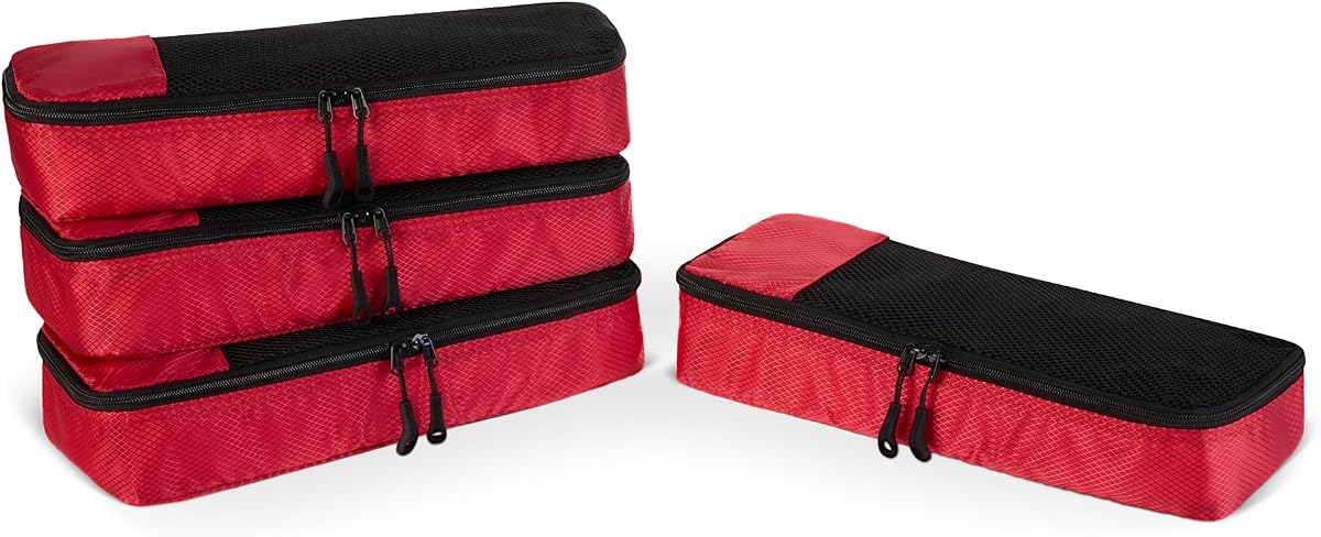 Amazon Essentials Juego de 4 cubos de embalaje para ahorrar espacio, accesorios de viaje, organizador de equipaje con doble cremallera, parte superior de malla, poliéster, delgado, rojo (anteriormente Amazon Basics)