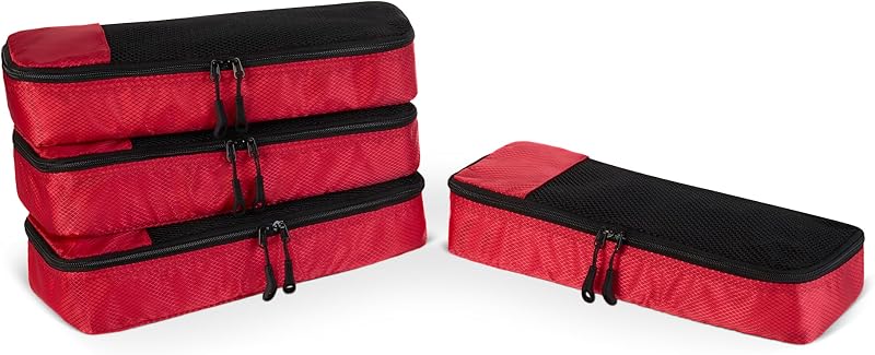 Amazon Essentials Juego de 4 cubos de embalaje para ahorrar espacio, accesorios de viaje, organizador de equipaje con doble cremallera, parte superior de malla, poliéster, delgado, rojo (anteriormente Amazon Basics)