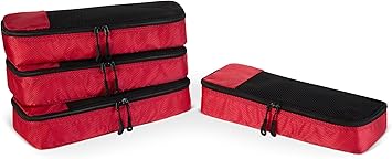 Amazon Essentials 4-Piece Space-Saving Packing Cubes Travel Accessories Set, Luggage Organizer with Double Zipper, Mesh Top, Polyester, Slim, Red Previously Amazon Basics