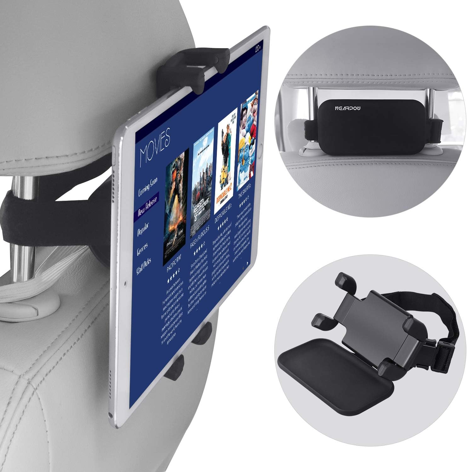 NEARPOW Car Headrest Mount, 360ยฐRotation Tablet Holder for Car Back Seat, Angle Adjustable and Universal Vehicle, Stand Cradle Compatible with 4.7-12.9โ iPad Air/Mini/Pro Samsung Galaxy Tabs