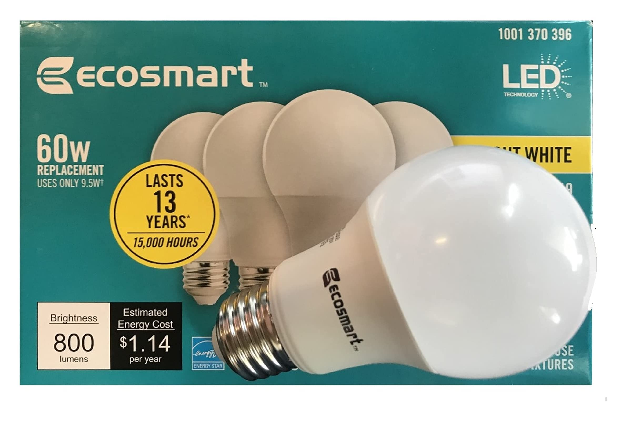 LED TECHNOLOGYEcoSmart 60-Watt Equivalent A19 Dimmable Energy Star LED Light Bulb Bright White (4-Pack)