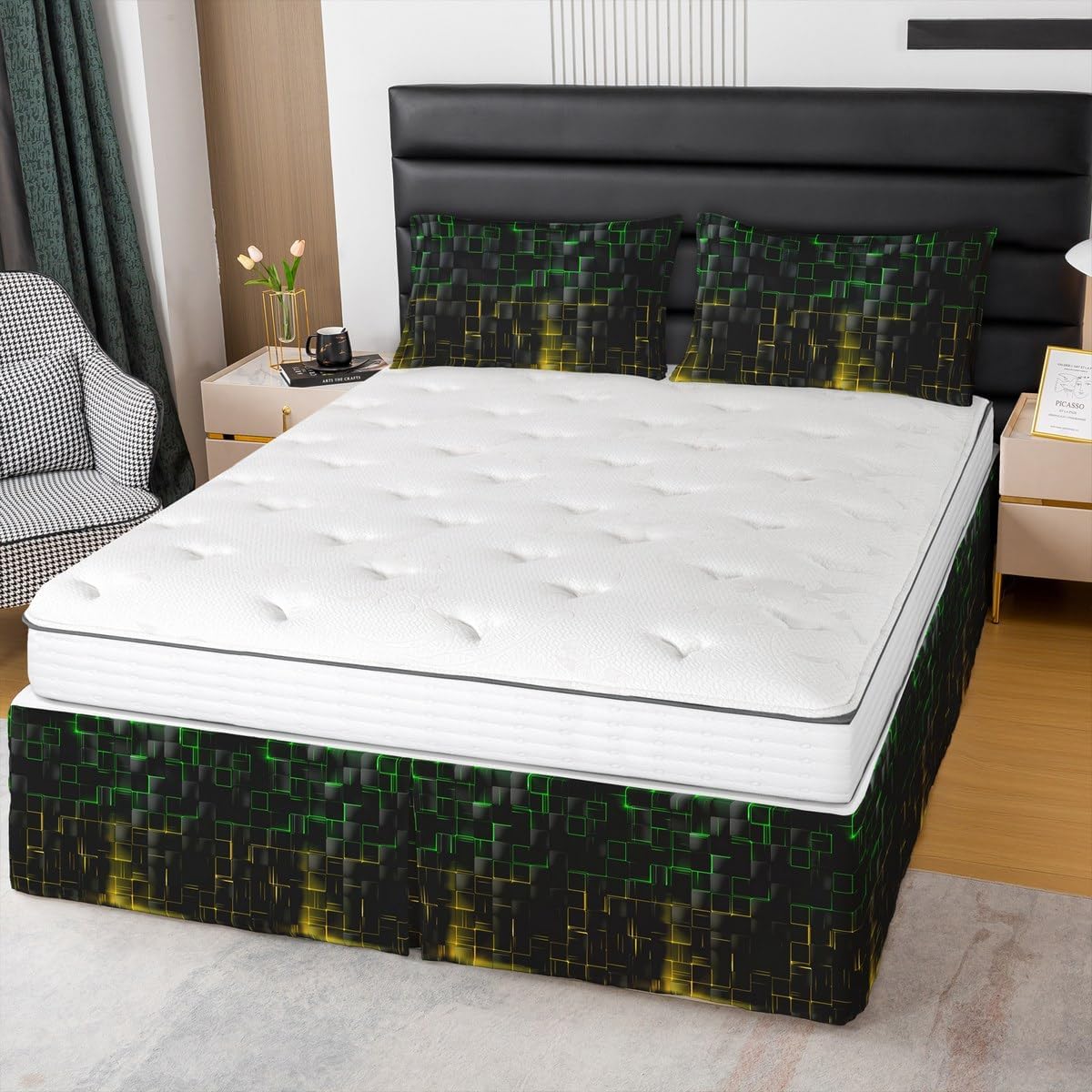 Manfei Green Yellow Checkered Bed Skirt King Size, Geometric Grid Plaid Bedskirts, Women Men Adults Room Decor, Modern Abstract Check Black Square Bed Wrap Sheet Set for All Season, 2 Pillowcases