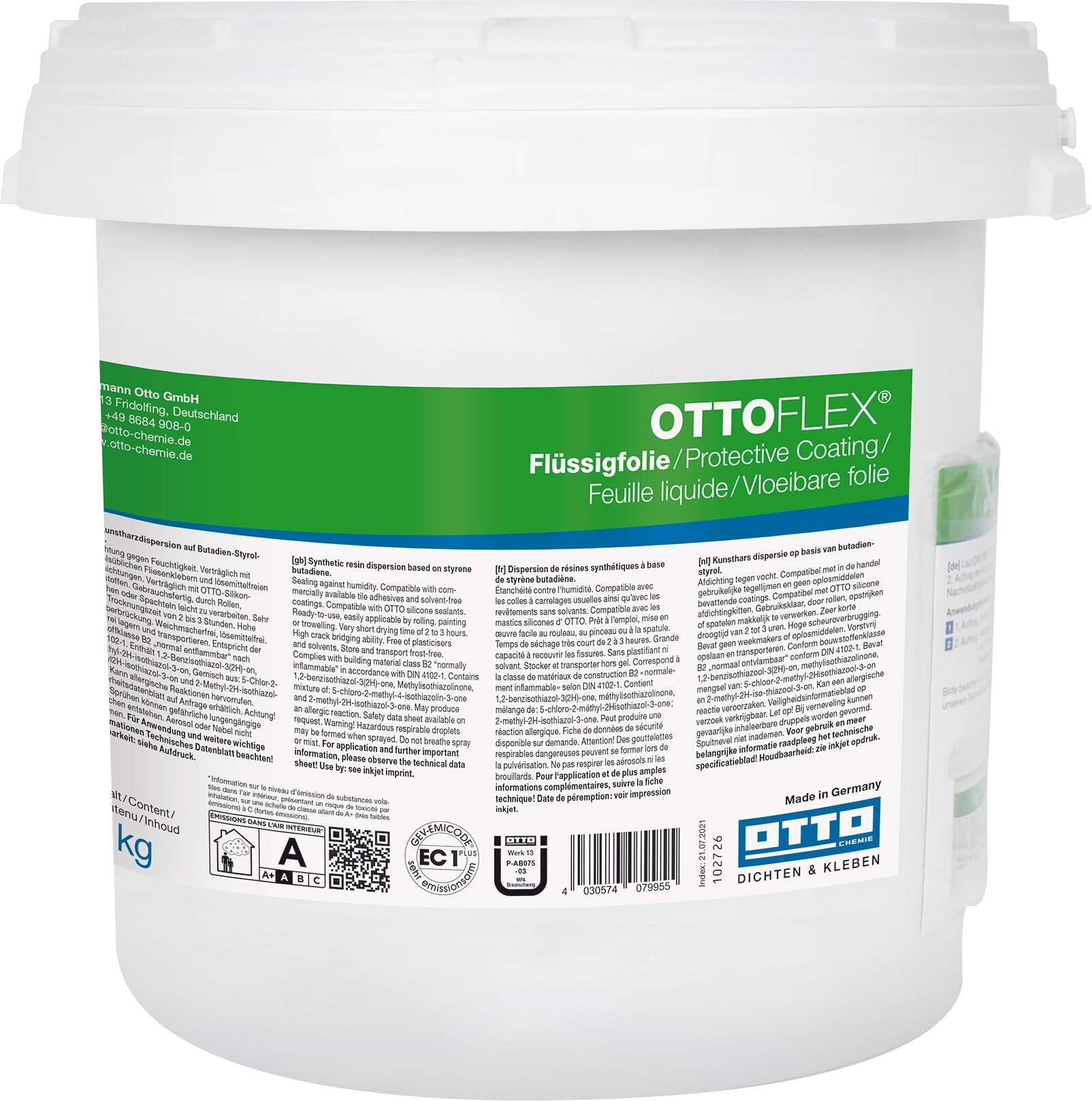 OTTOFLEX Komplett-Dichtset mit 12 kg Flüssigfolie und 1 Beutel Farbpaste (10g) 2 kg Voranstrich 2 Wanddichtmanschetten 15 x 15 cm 10 Meter OTTOFLEX Objektdichtband 2 Innenecken Abdichtung