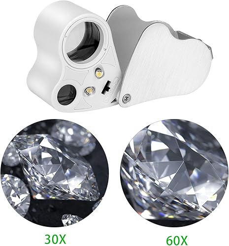 Miniatura 6 de Paquete de 2 lupas de joyero, 30 x 60 x 90 X, lupa iluminada, lupa portátil con luz negra UV para joyas, monedas, gemas, sellos