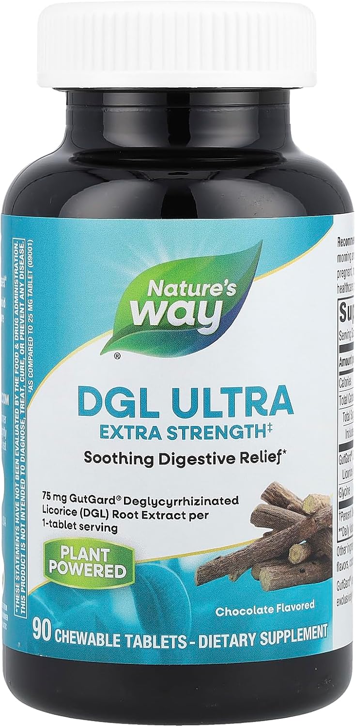 Nature's Way DGL Ultra Extra Strength(1), Premium Licorice Root Extract, Soothing Digestive Relief*, with Gutgard, Vegan & Gluten Free, Chocolate Flavored, 90 Chewable Tablets (Packaging May Vary)