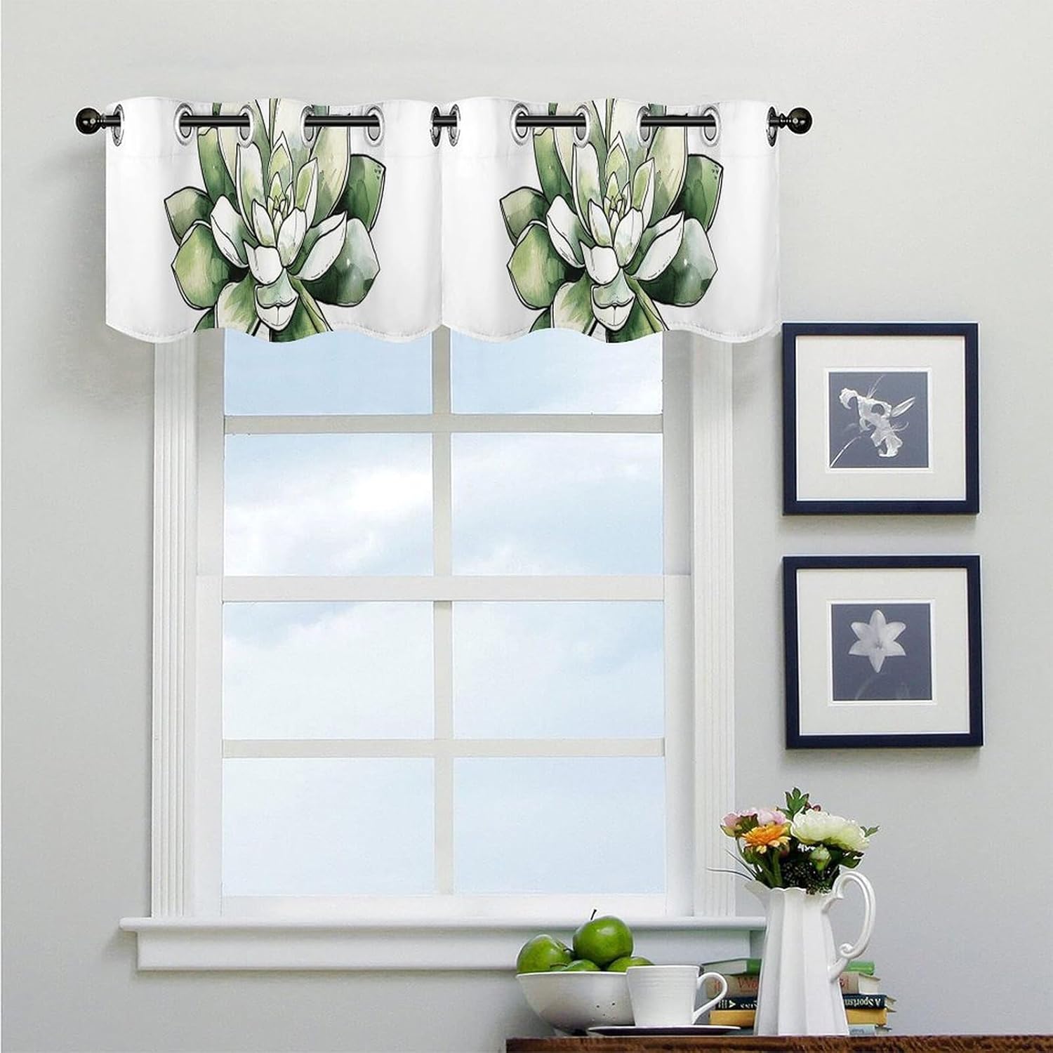 Green Plant Pattern Valance for Windows, 2 Pack Kitchen Curtains Modern Home Decor, Soft Blackout Window Curtains for Living Room & Bedroom, 18 X 52 Inch